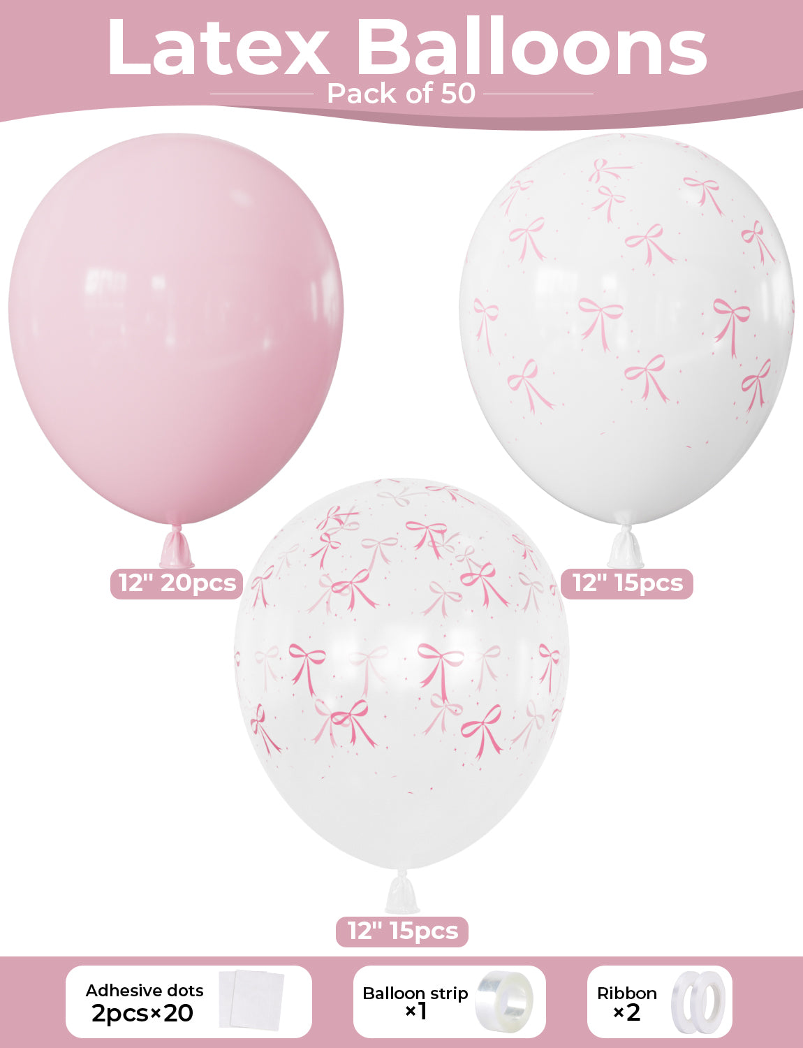 Pink Bow Balloons 50PCS, 12 Inch Pastel Pink, White & Clear Bow Print Balloons, Coquette Party Decorations for Girls and Women Birthday, Baby Shower, Bridal Shower & Bachelorette