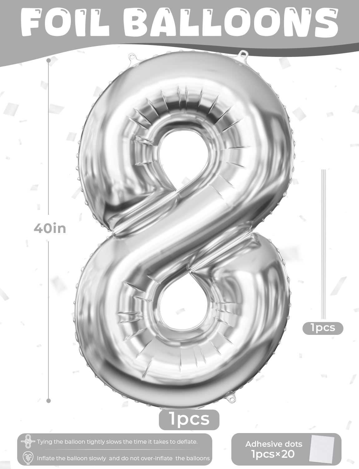 Silver Number 8 Balloon – 40 Inch Giant Foil Number Balloon, Silver Number Balloons for Men Women Boys Girls Birthday Graduation Anniversary Party Decorations