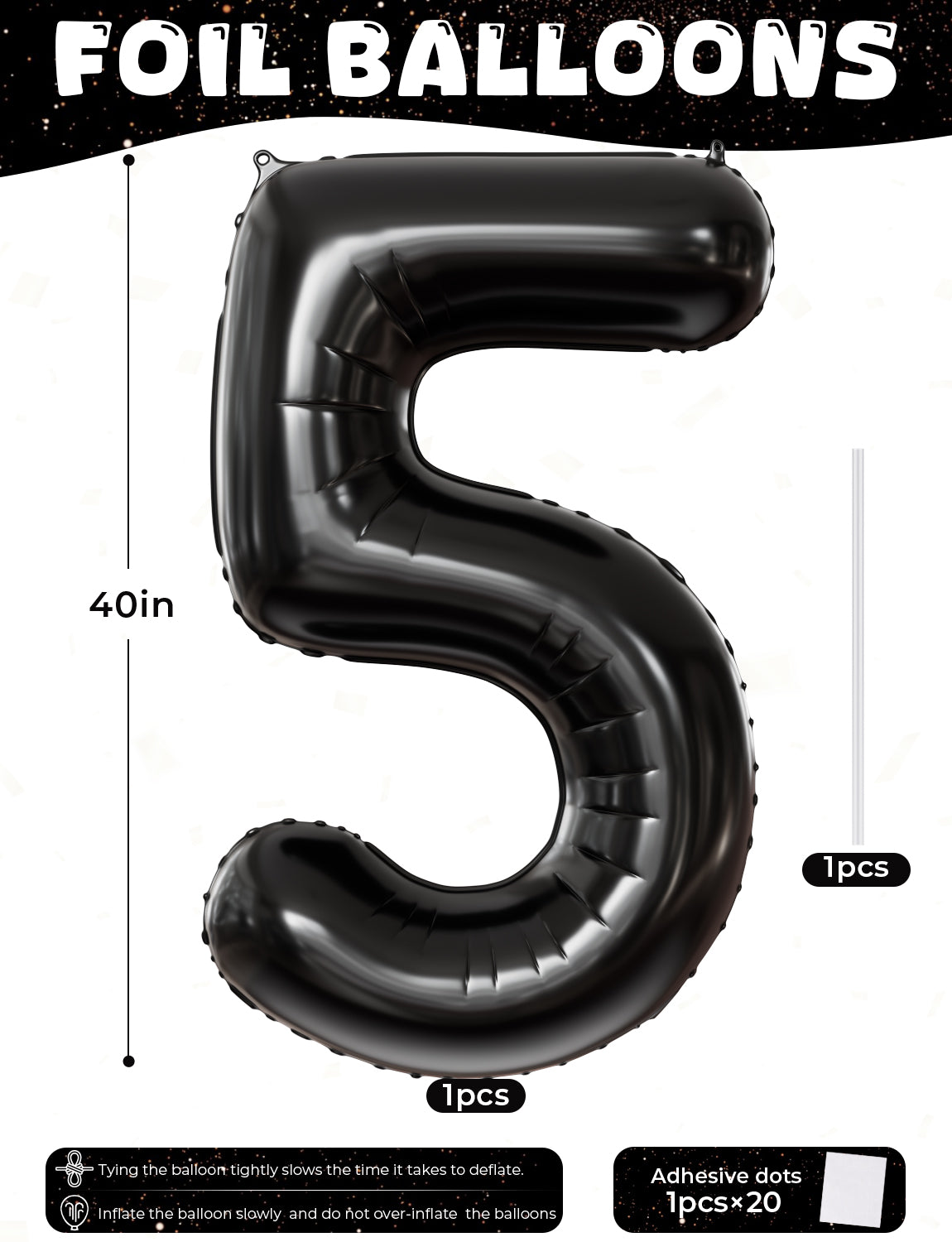 Adeyoo Black Number 5 Balloons – 40 Inch Giant Foil Number Balloon, Black Number Balloon for Men Women Boys Girls Birthday Graduation Anniversary Party Decorations