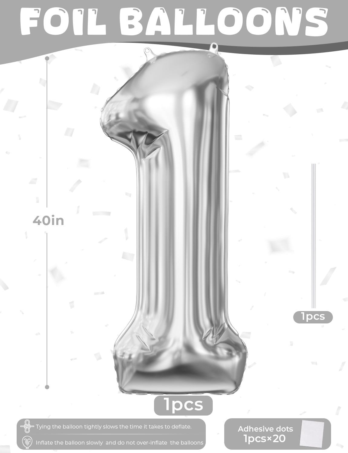 Silver Number 1 Balloon – 40 Inch Giant Foil Number Balloon, Large Silver Number Balloons for Men Women Boys Girls Birthday Graduation Anniversary Party Decorations