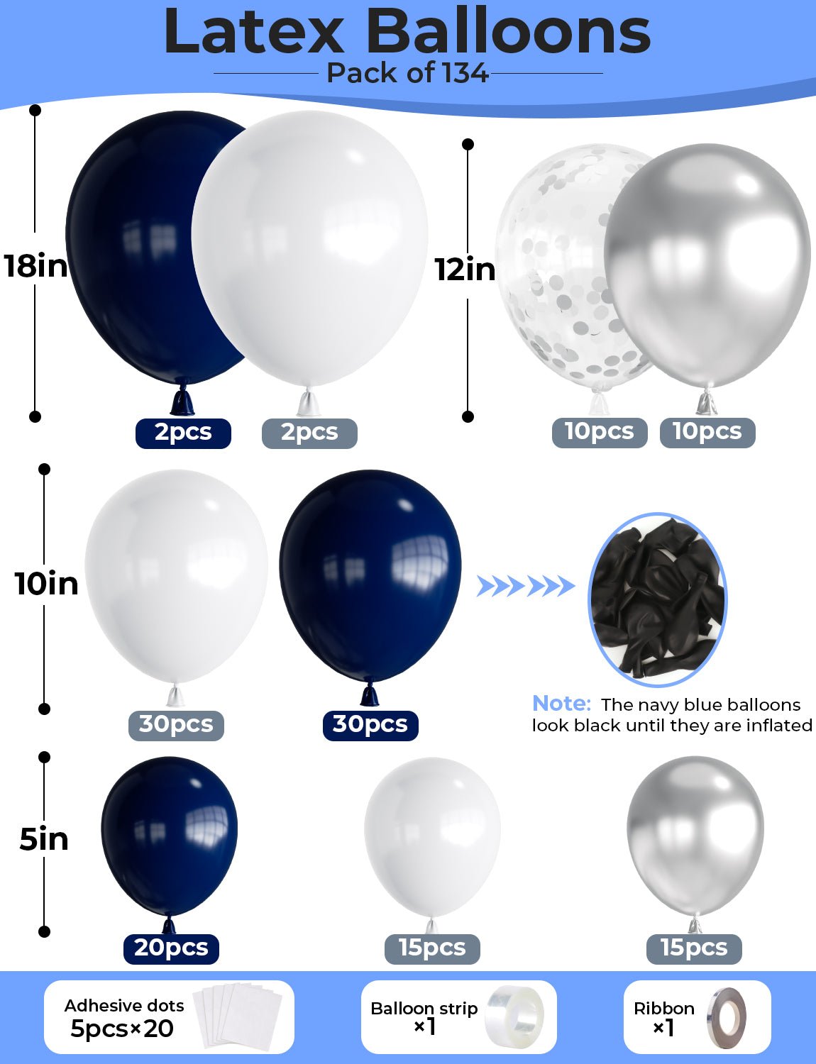 Navy Blue and Silver Balloon Arch Kit Garland - 134Pcs Blue and Silver Balloon Arch Kit, Navy White Balloons with Silvery Confetti Balloons for Birthday Baby Shower Wedding Graduation Party Decoration
