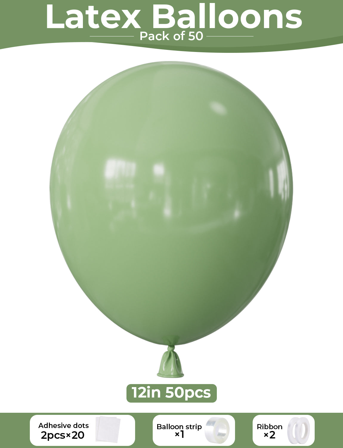 Adeyoo Sage Green Balloons - 12 Inch 50 Pcs Sage Green Latex Party Balloons with Ribbons, Shiny Round Birthday Balloon for Birthday Baby Shower Dinosaur Jungle Safari Theme Party Decorations