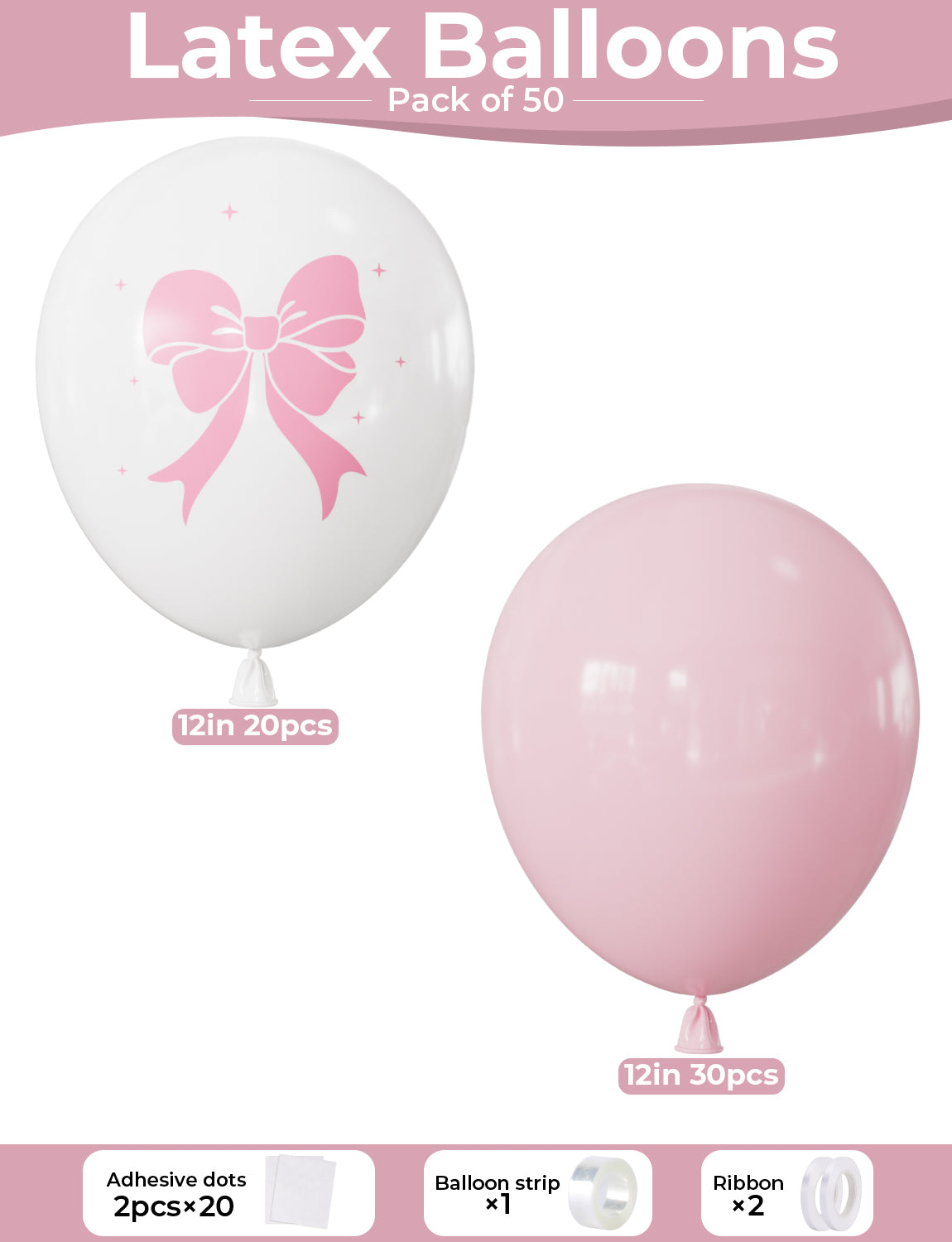 Pink Bow Balloons - 12 Inch Pink and White Balloons with Large Bow Print Glitter Coquette Latex Balloon for Princess Girls Women Birthday Bridal Shower Wedding Bachelorette Party Decorations