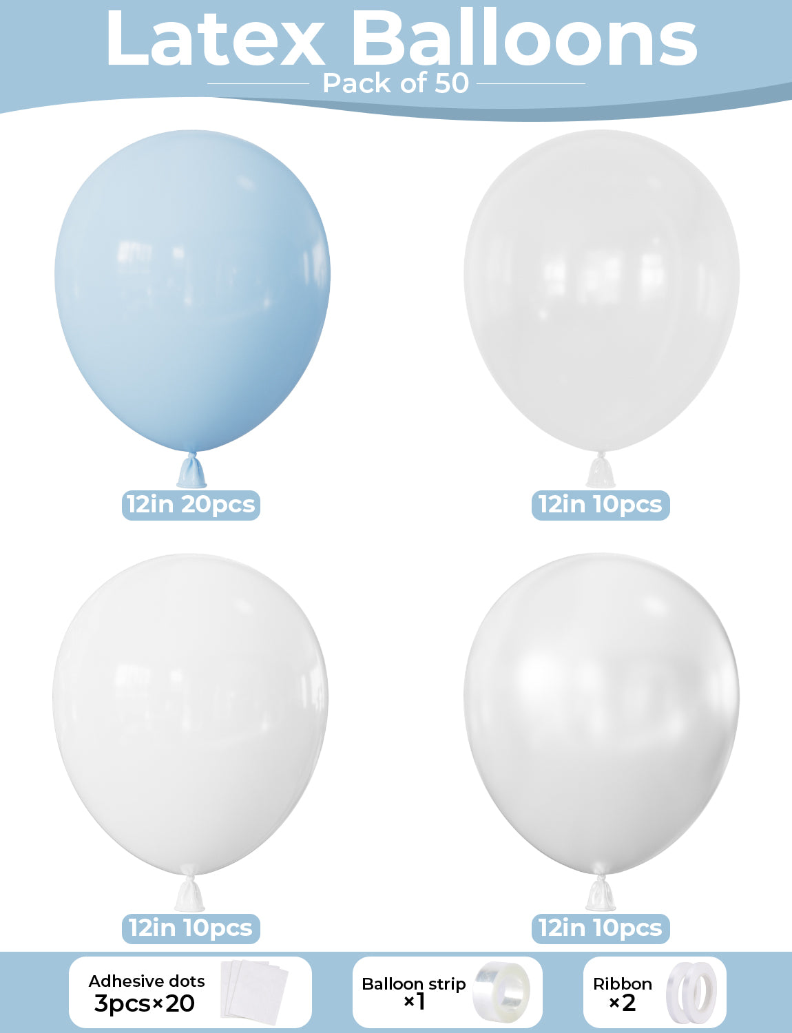 Adeyoo Pastel Blue and White Balloons, 50PCS Baby Blue, Pearl White & Clear Latex Balloons for Baby Shower, Birthday & Bridal Shower Party Decorations, Photo Backdrop