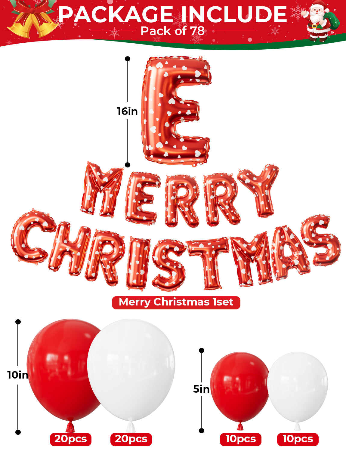 Adeyoo Christmas Balloons Arch Kit Garland - Red and White Balloons with Star Candy Cane Balloon, Merry Christmas Banner, Xmas Balloon for Xmas Party Decorations