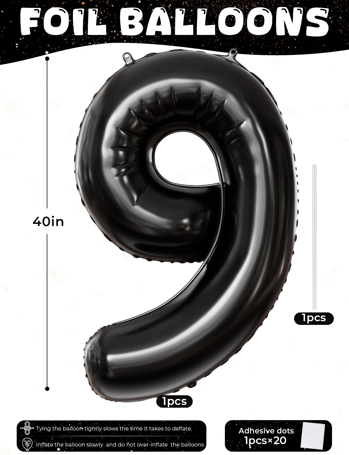 Adeyoo Number 9 Balloons - 40 Inch Black Number Balloons Giant Black balloon Big Foil balloon for Men Women Boys Girls Birthday Graduation Anniversary Party Decorations