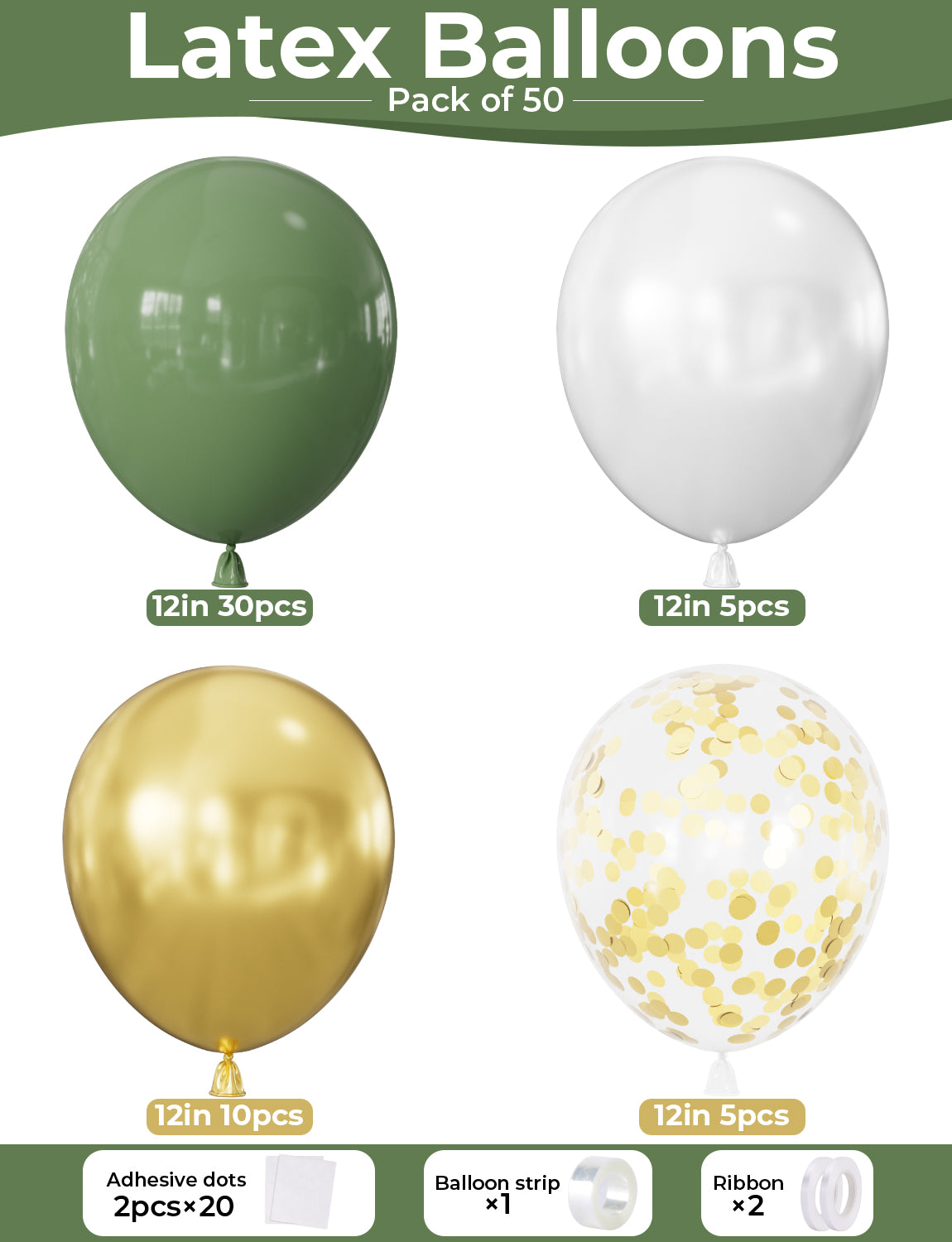 Adeyoo Sage Green Balloons - 50 Pcs 12 Inch Green and Gold Balloons, Sage Balloon with Gold and White Latex Confetti Balloon for Birthday Baby Shower Football Jungle Safari Theme Party Decorations