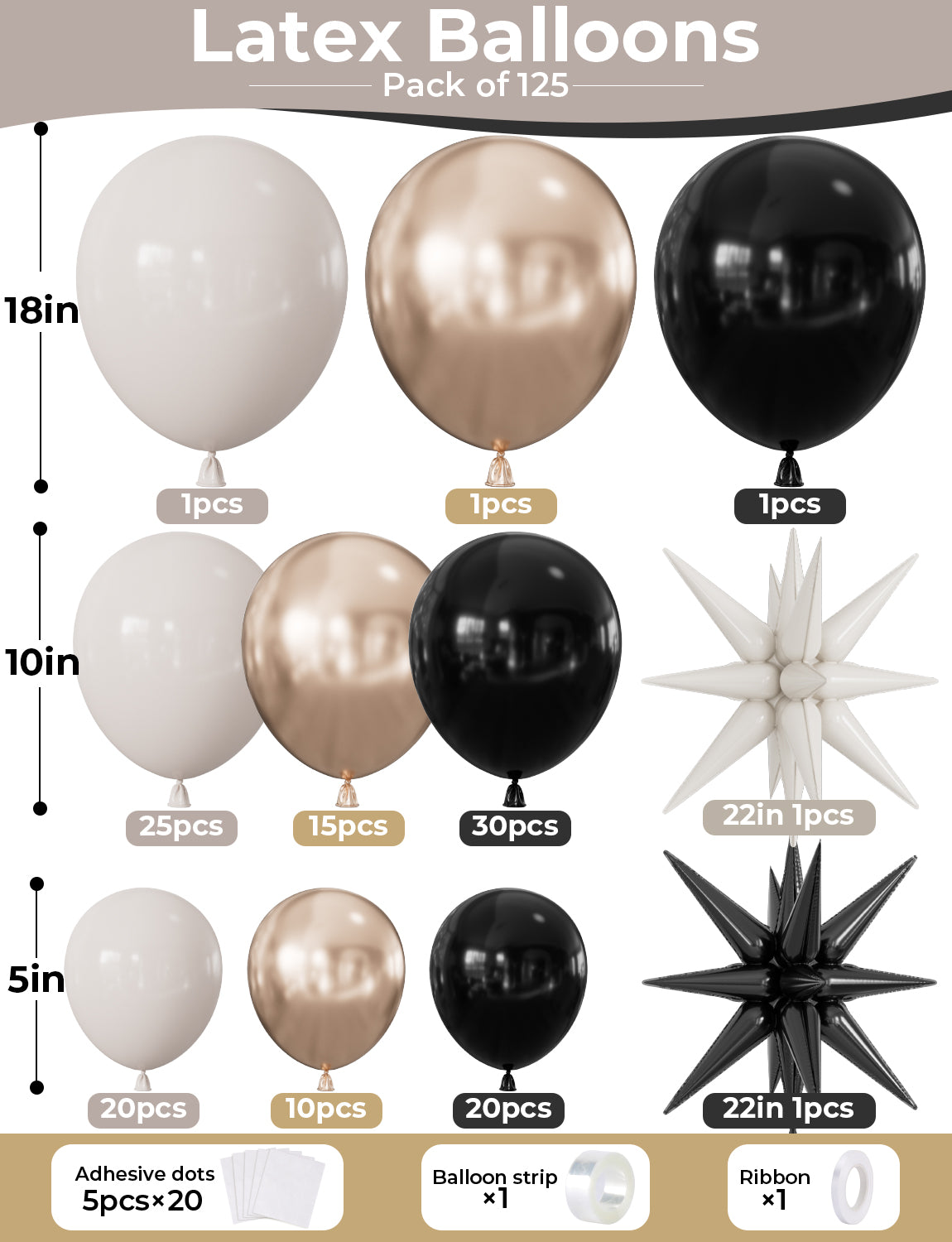 Adeyoo Black Gold White Balloon Arch Kit Garland - 125 Pcs Black and Gold Balloon Arch with Star Balloons Metallic Champagne White Balloons for Birthday Wedding Baby Showers Boho Party Decorations
