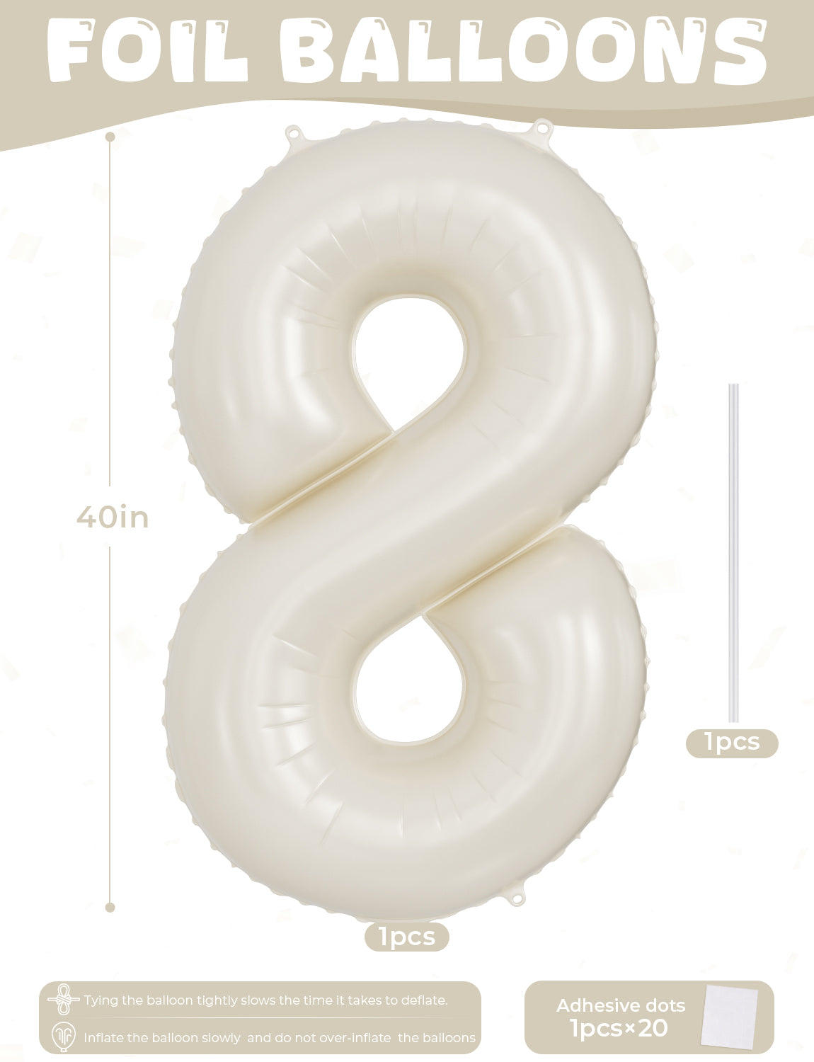 Adeyoo Cream Number 8 Balloons – 40 Inch Giant Foil Number Balloon, Light Cream Number Balloon for Birthday Anniversary Baby Shower Party Decorations