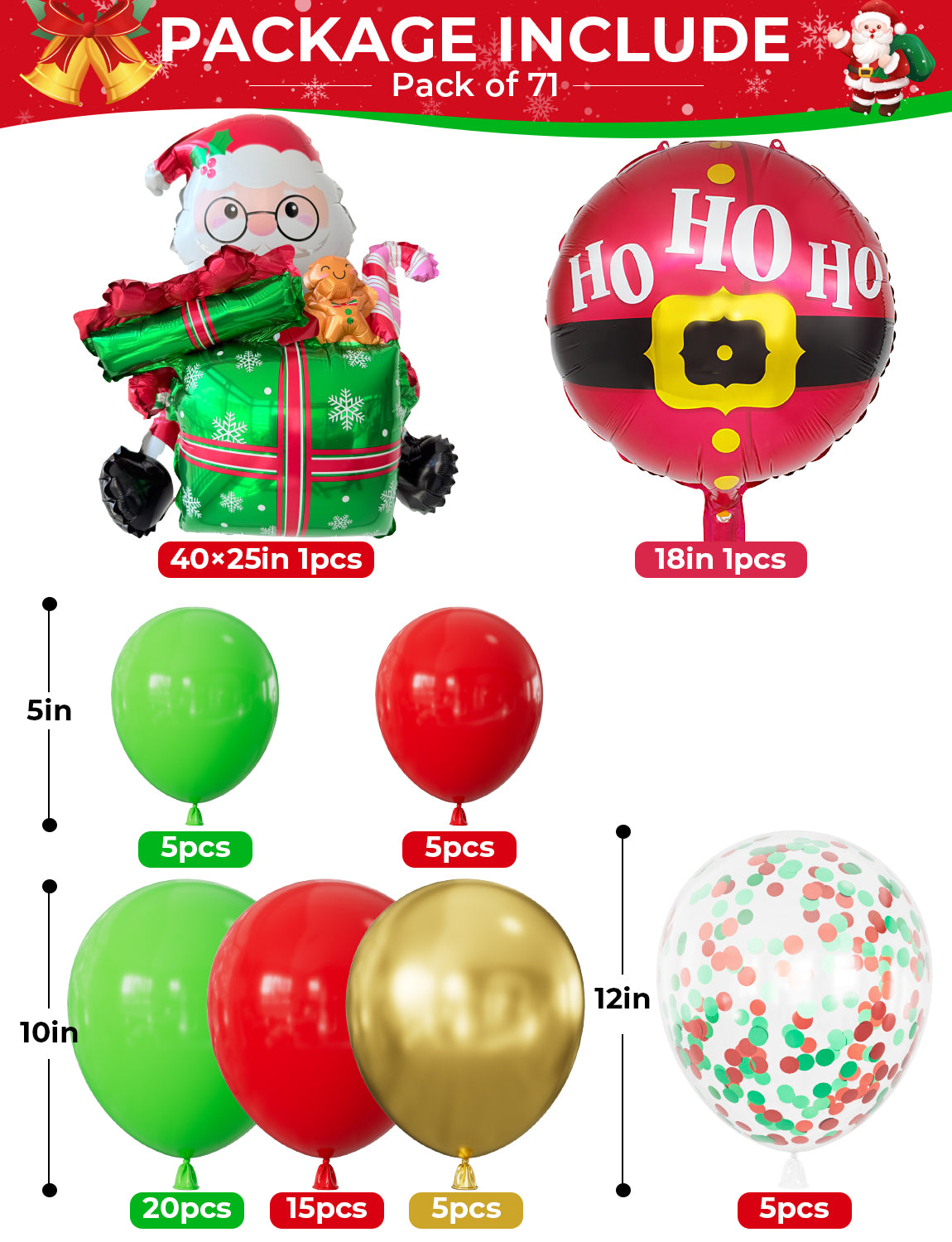 Christmas Balloons Kit - Merry Christmas Balloons with Red and Green Gold Balloon, Big Santa Foil HoHo Personalise Balloon for Garland or Arch, Xmas Party Decorations