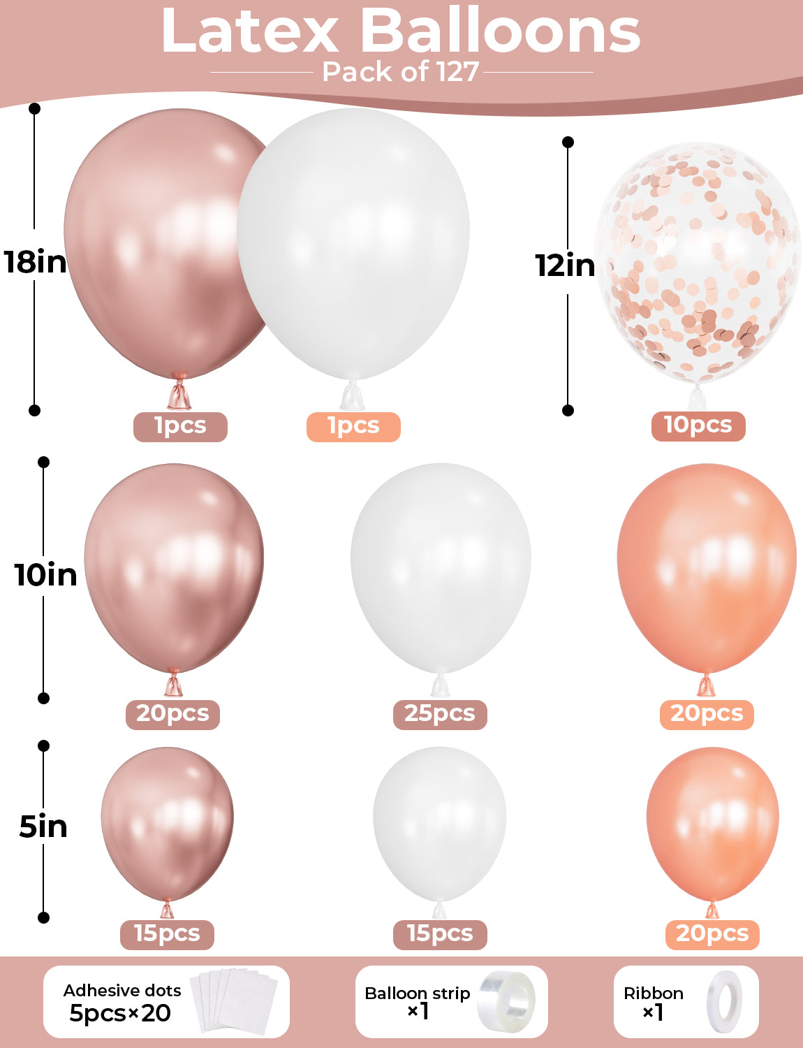 Adeyoo Rose Gold Balloon Arch Kit Garland - 127Pcs Rose Gold Balloons with White Latex Balloons, Glitter Confetti Balloon for Girl Women Birthday Baby Bridal Shower Wedding Retirement Party Decoration