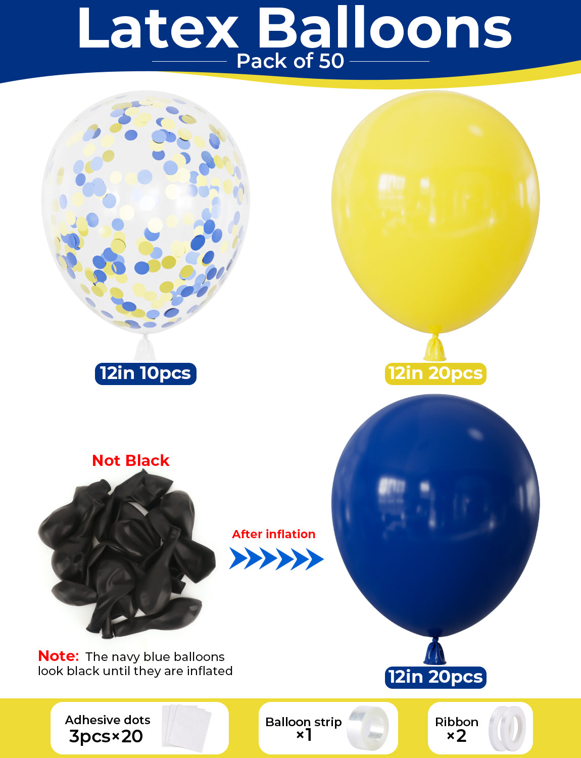 Adeyoo Blue and Yellow Balloons - Navy Blue Balloons 12 Inch Yellow Latex Balloon Glitter Confetti Balloon for Birthday Baby Shower Graduation Wedding Party Decorations, Photo Backdrop, 50 PCS