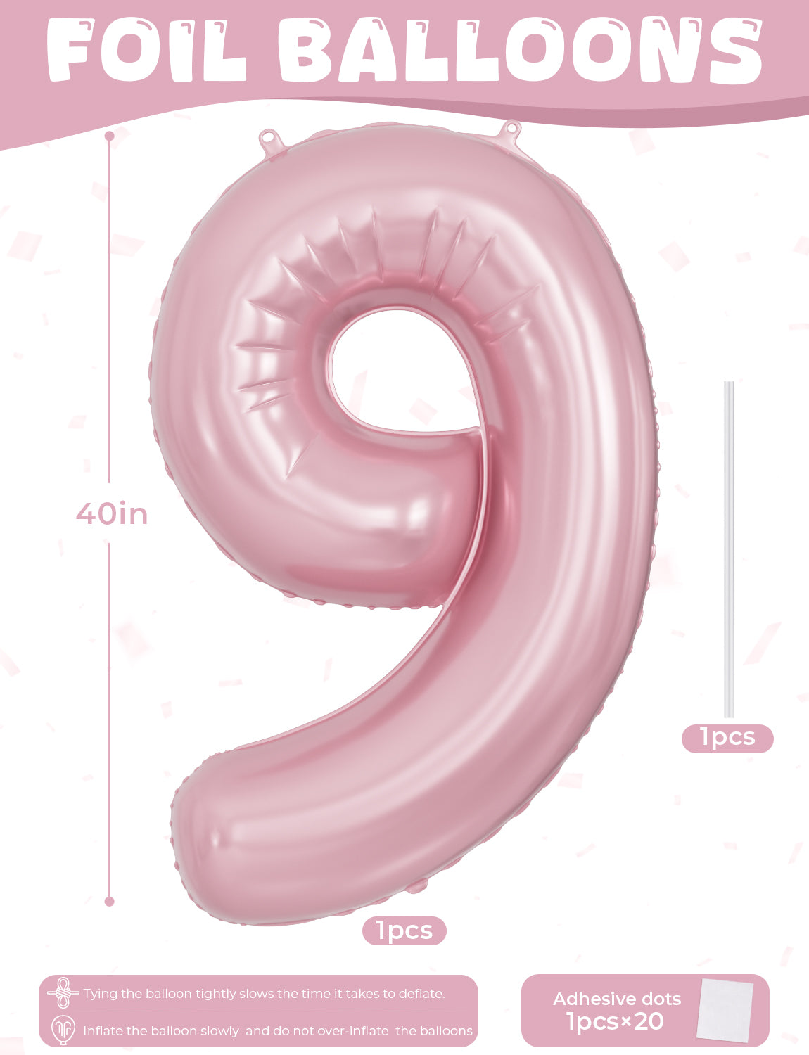 Adeyoo Number 9 Balloons - 40 Inch Pink Number Balloons Giant Light Pink balloon Big Foil balloon for Girls Baby Shower Birthday Princess Theme Party Decorations