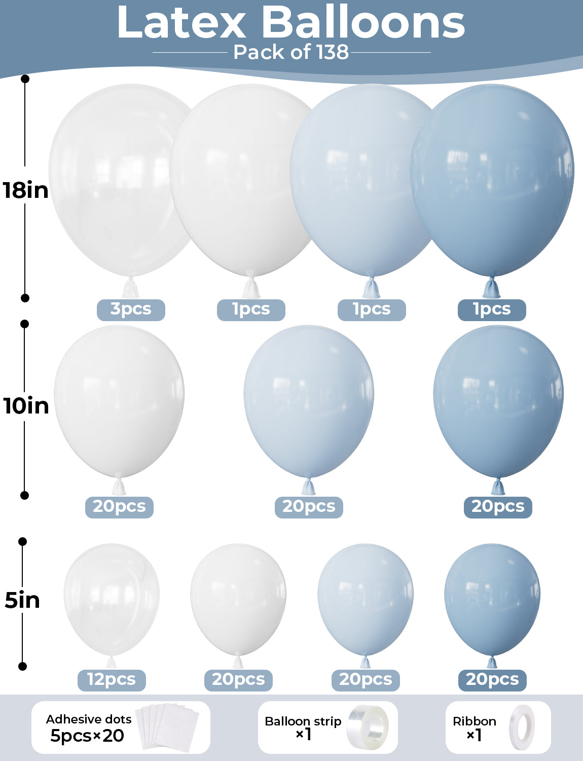 Adeyoo Dusty Baby Blue Balloon Arch Kit Garland - Blue and White Balloon Arch 138Pcs Multi-Size Slate Fog White Clear Latex Balloons for Baby Shower Christening Birthday Gender Reveal Party Decoration