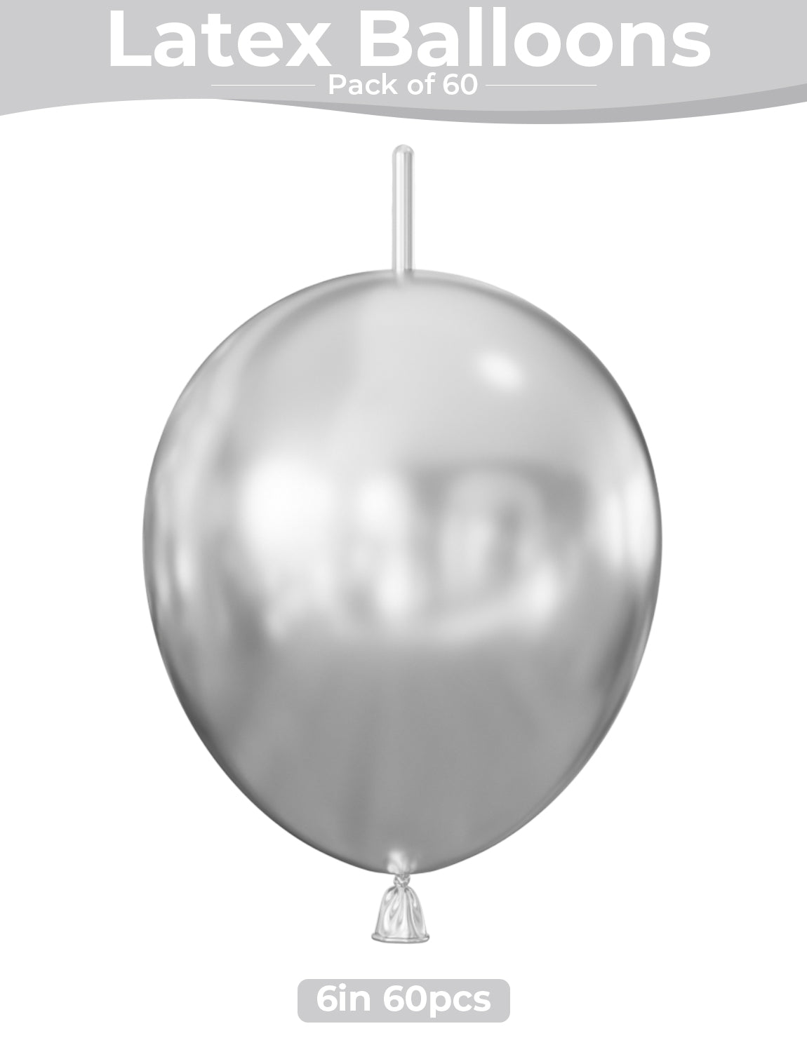 Silver Linking Balloons, 60PCS 6 Inch Quick Link Latex Balloons with Tail for Balloon Arch, Wall & Chain Decorations, Metallic Silver Party Balloon for Wedding, Birthday & Engagement