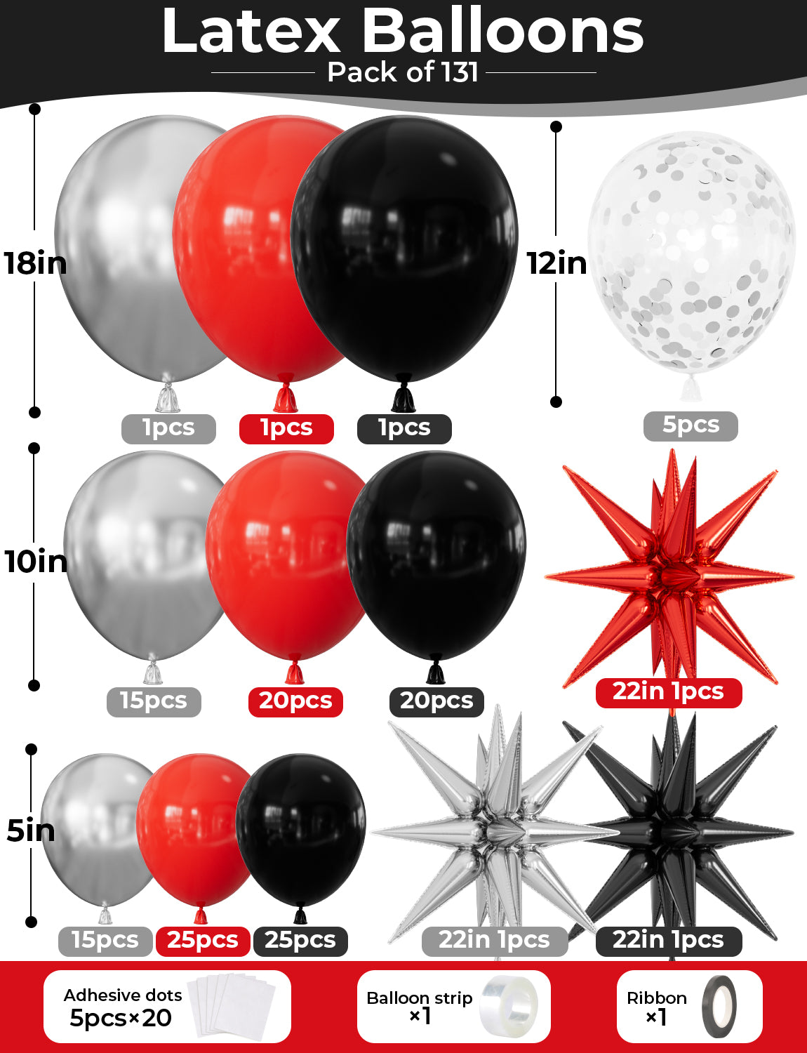 Adeyoo Red and Black Balloon Arch Kit Garland - Red Black Silver Balloons Arch Kit with Explosion Star Balloons, Confetti Latex Balloon for Birthday Poker Card Anniversary Graduation Party Decorations