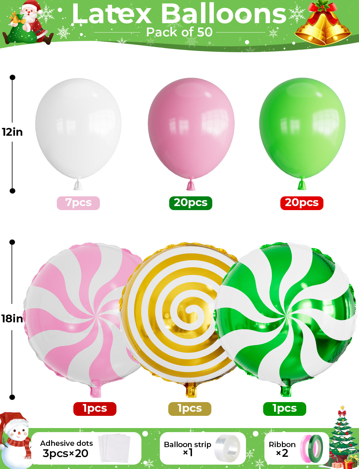 Pink Christmas Balloons 50Pcs Xmas Balloons Set Pink Green White Latex Balloons with Sweet Candy Foil Balloons Green Pink Gold Lollipop Balloons for Christmas Candies Theme Party Decorations