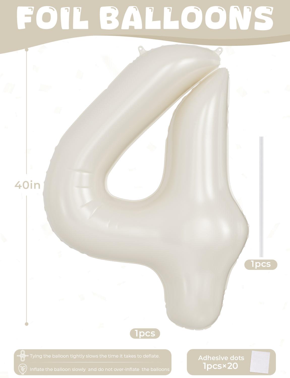 Adeyoo Cream Number 4 Balloons – 40 Inch Giant Foil Number Balloon, Light Cream Number Balloon for Birthday Anniversary Baby Shower Party Decorations