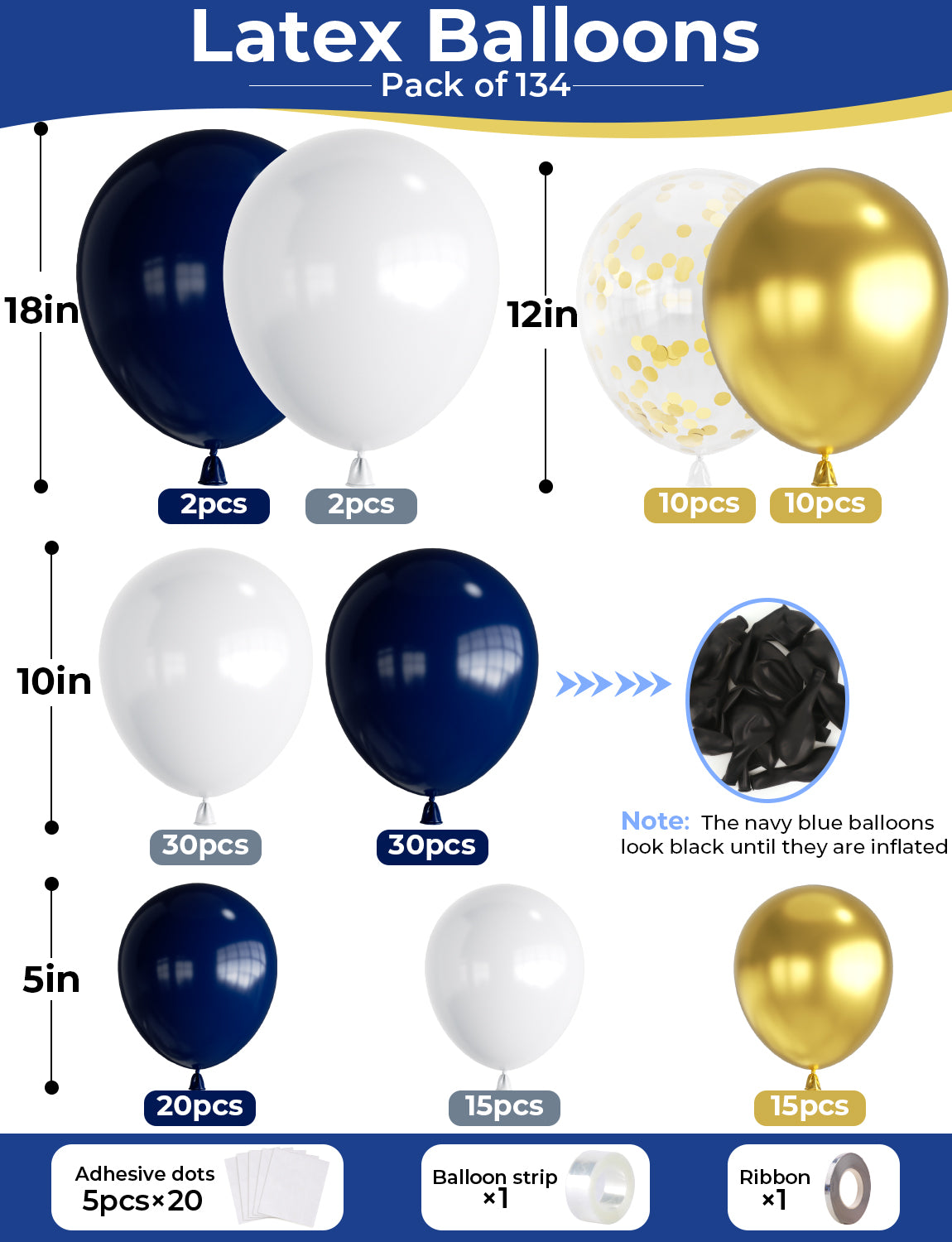 Navy Blue Gold Balloon Arch Kit Garland - 134Pcs Navy Balloon Arch Kit Glitter Blue White Metallic Gold Latex Balloons with Confetti Balloons for Birthday Baby Shower Graduation Party Decorations
