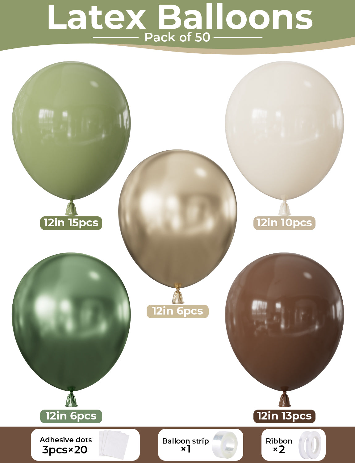 Adeyoo Green and Brown Balloons, 50 Pcs 12-Inch Safari Party Decorations with Sage Green and Metallic Gold Latex Balloons for Hunting Birthday, Woodland Camping, and Baby Shower Supplies