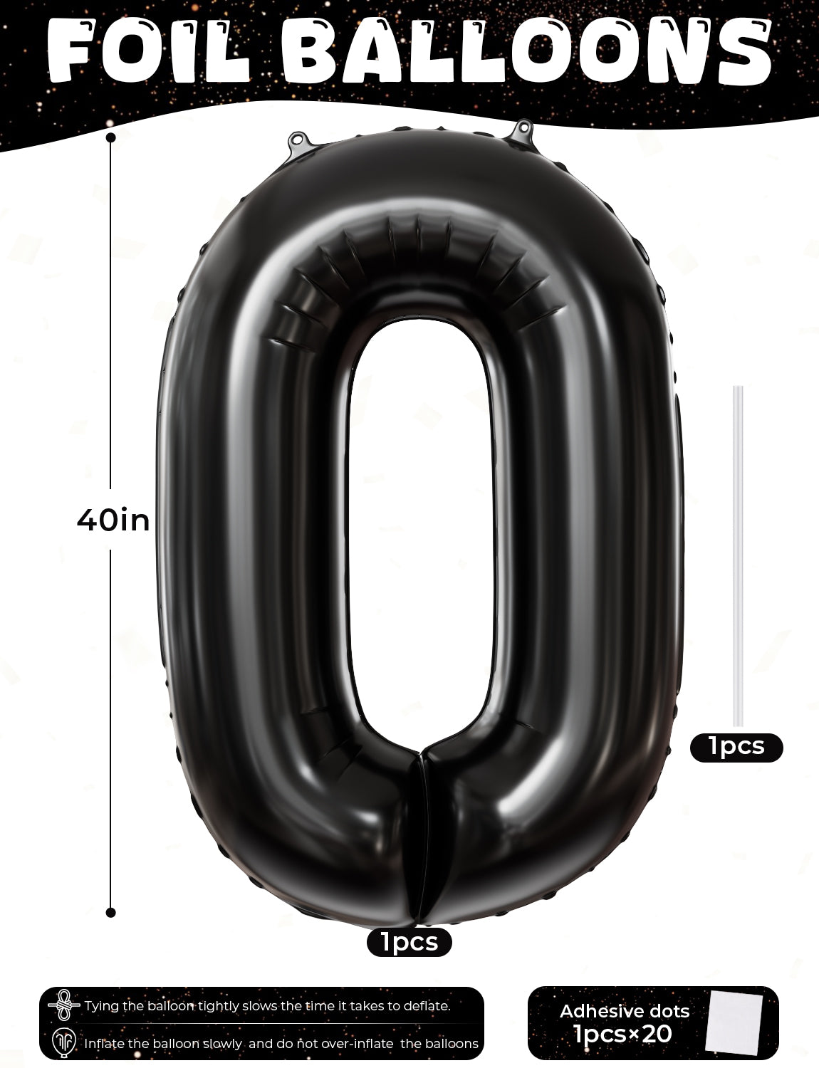 Adeyoo Black Number 0 Balloons - 40 Inch Number Balloons Big Black Foil Balloon, Mylar Balloon for Men Women Boys Girls Birthday Baby Shower Party Decorations