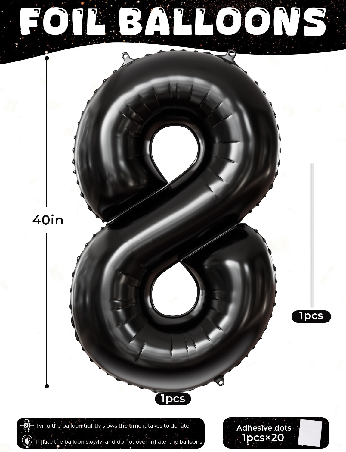 Adeyoo Black Number 8 Balloons – 40 Inch Giant Foil Number Balloon, Black Number Balloon for Men Women Boys Girls Birthday Graduation Anniversary Party Decorations