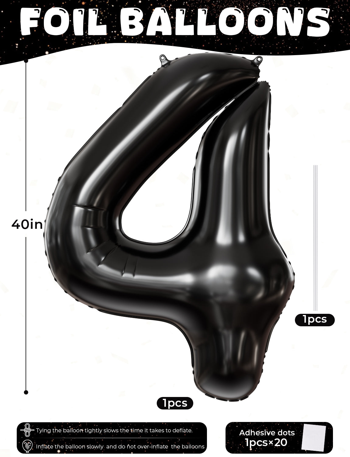 Adeyoo Black Number 4 Balloons – 40 Inch Giant Foil Number Balloon, Black Number Balloon for Men Women Boys Girls Birthday Graduation Anniversary Party Decorations