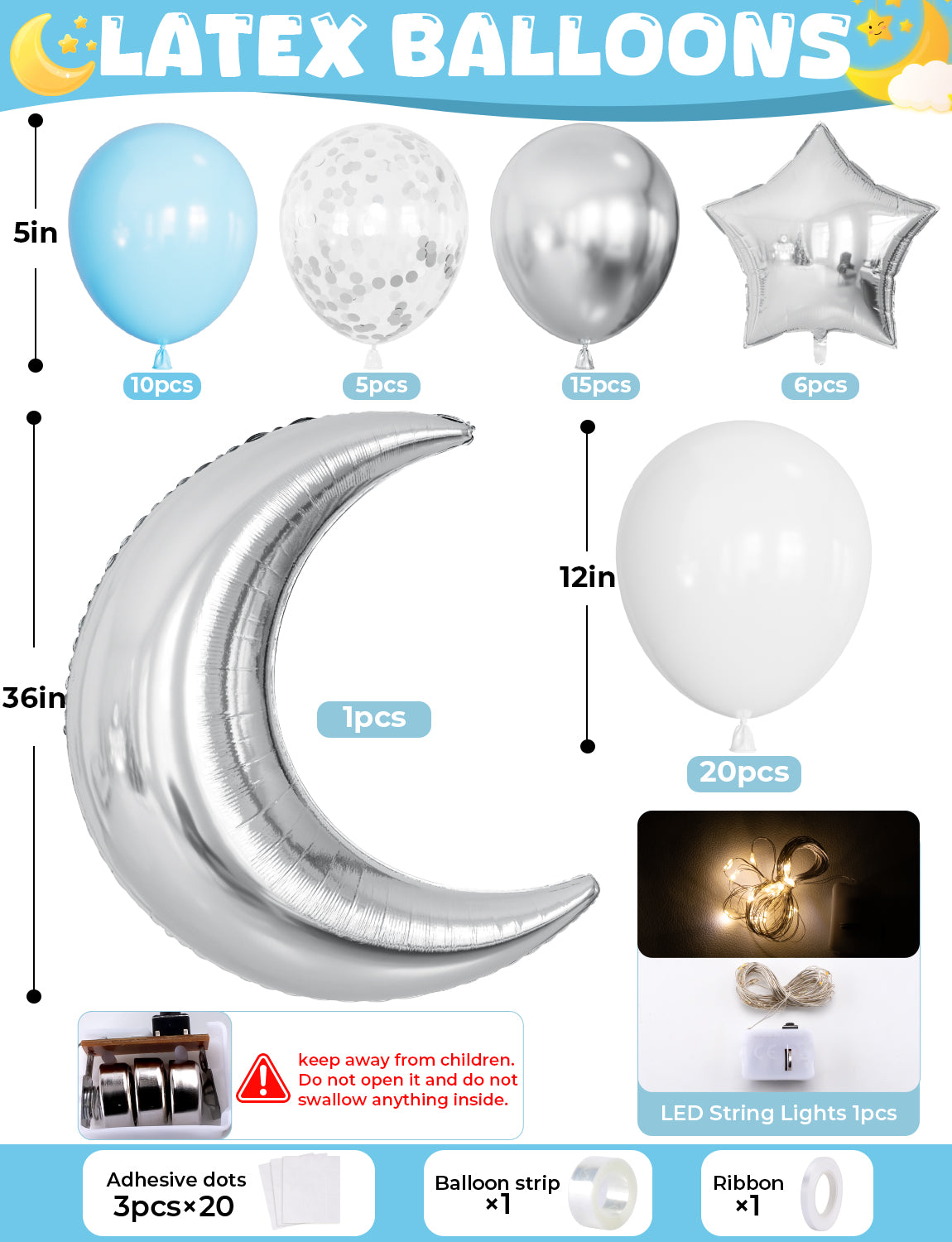 Adeyoo Blue White and Silver Balloons, 58Pcs Silver and White Decorations with String Lights, Light Blue, Confetti Balloon Big Moon Star Foil Balloon for Boys Girls Baby Shower Birthday Party Supplies