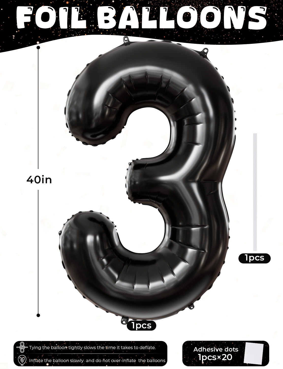 Adeyoo Black Number 3 Balloons – 40 Inch Giant Foil Number Balloon, Black Number Balloon for Men Women Boys Girls Birthday Graduation Anniversary Party Decorations