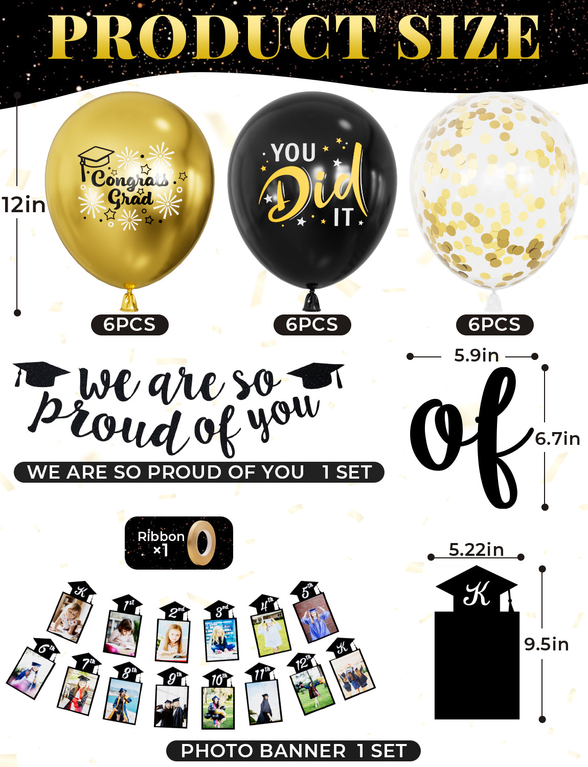 Graduation Party Decorations, Photo Banner with “We Are So Proud of You” Banner & Black Gold Graduation Balloons, Class of 2026 Grad Party Supplies for High School & College