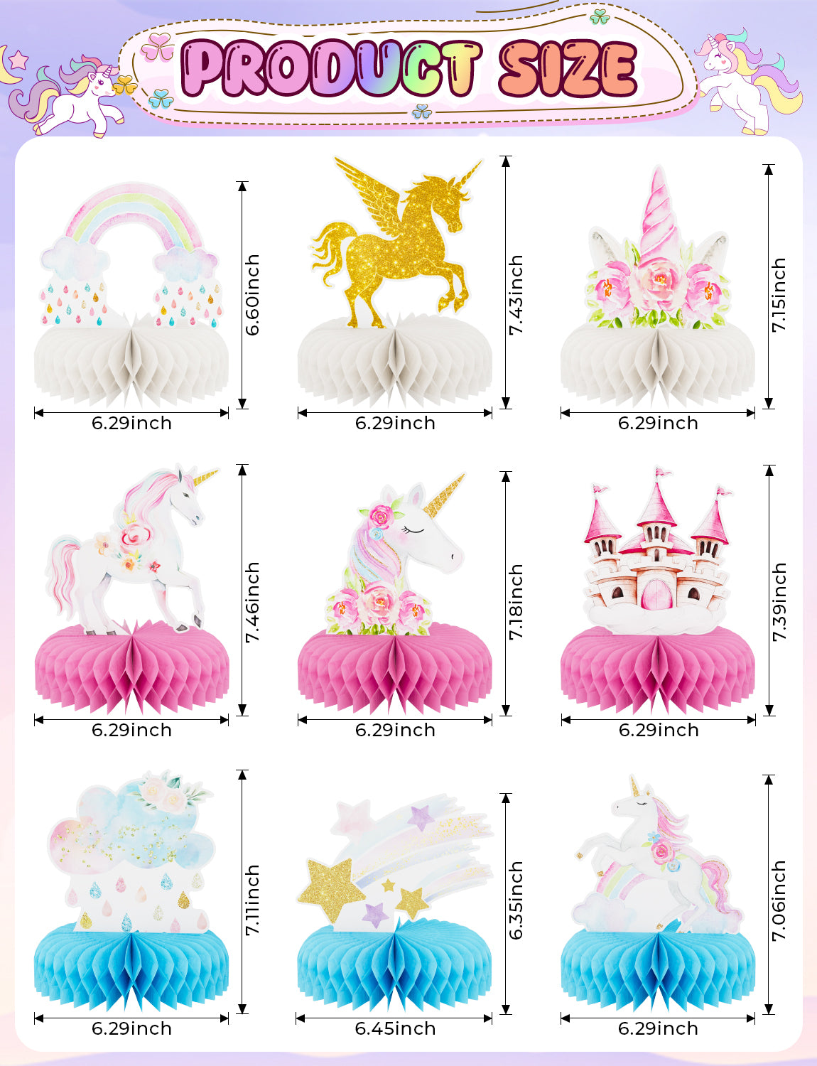 Adeyoo 9 PCS Unicorn Rainbow Honeycomb Centerpieces,Unicorn Centerpiece for Table Birthday Party Decorations Pastel Table Topper Centerpiece for Girls Princess Theme Birthday Baby Shower Party Decor