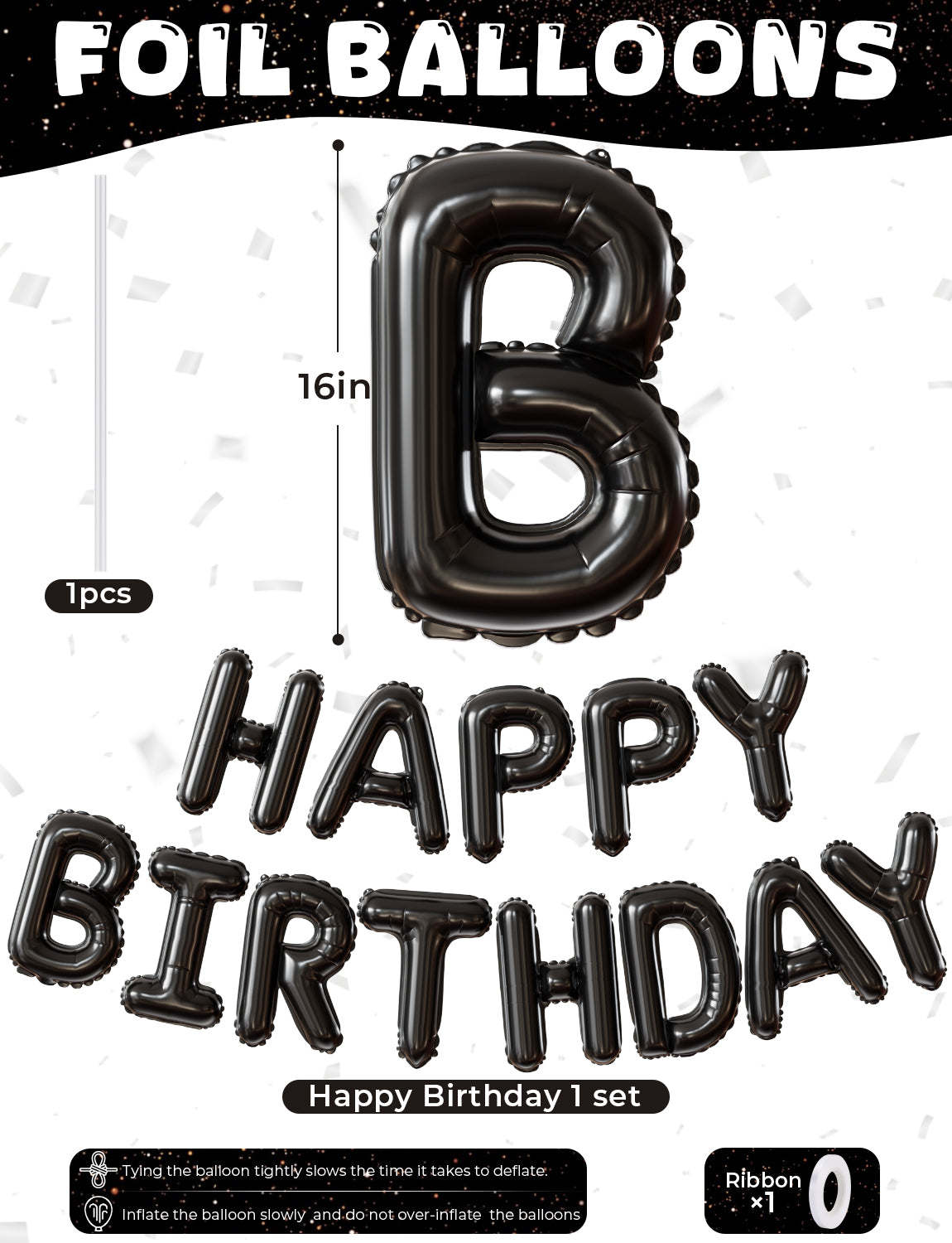 Adeyoo Black Happy Birthday Balloon Banner - 16 Inch Happy Birthday Foil Balloon Big Letter Balloons Self Inflating Hbd Sign Balloons for Boys Girls Women Men Birth Party Decorations
