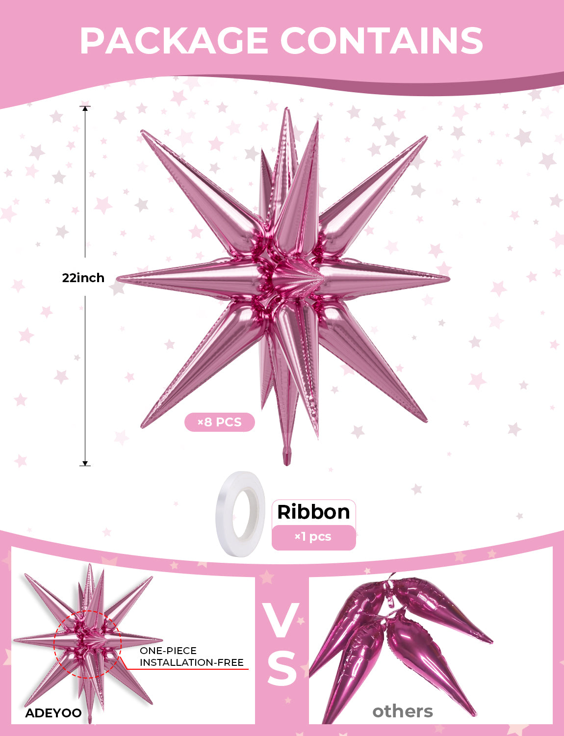 Star Balloons,8 Pcs Pink Starburst Balloons One-Piece 14-pointed Spiky Balloons Large Explosion Star Foil Balloons Cone Mylar Balloons for Girl Halloween Christmas Birthday Party Decorations