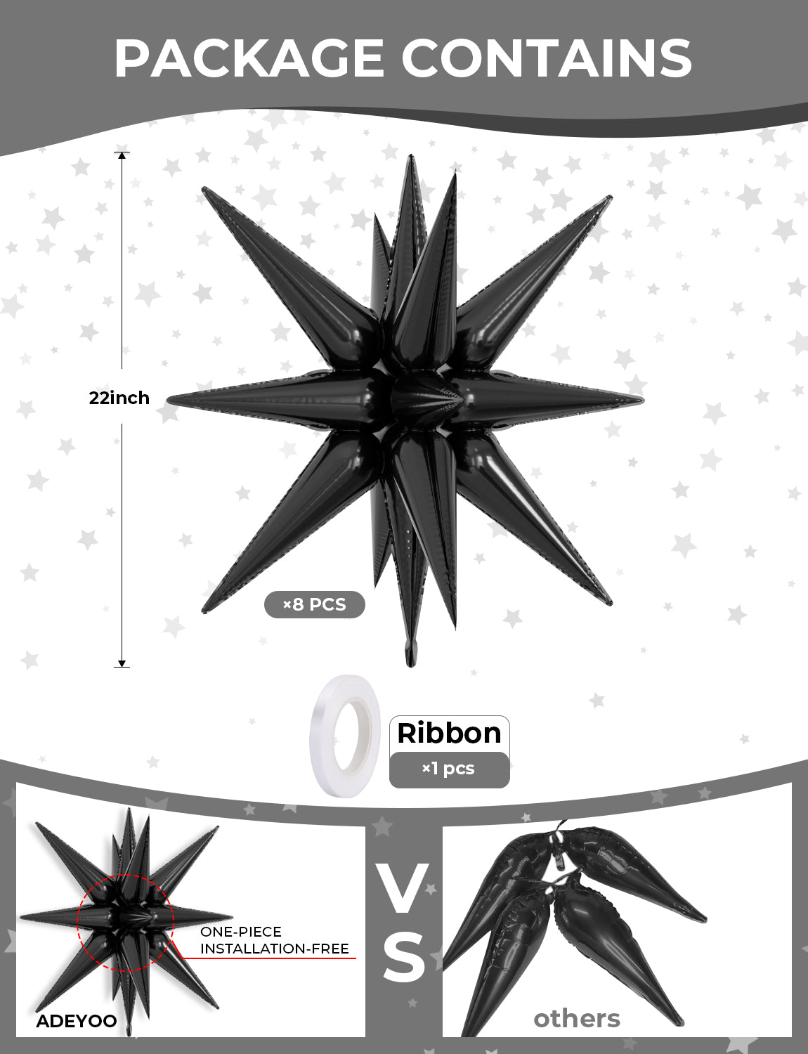 Black Star Balloons,One-Piece 14 Point Explosion Star Balloons 22 Inch Starburst Balloons Magic Spike Balloons Cone Mylar Balloons Halloween Foil Balloons for Birthday Party Decorations (8Pcs)