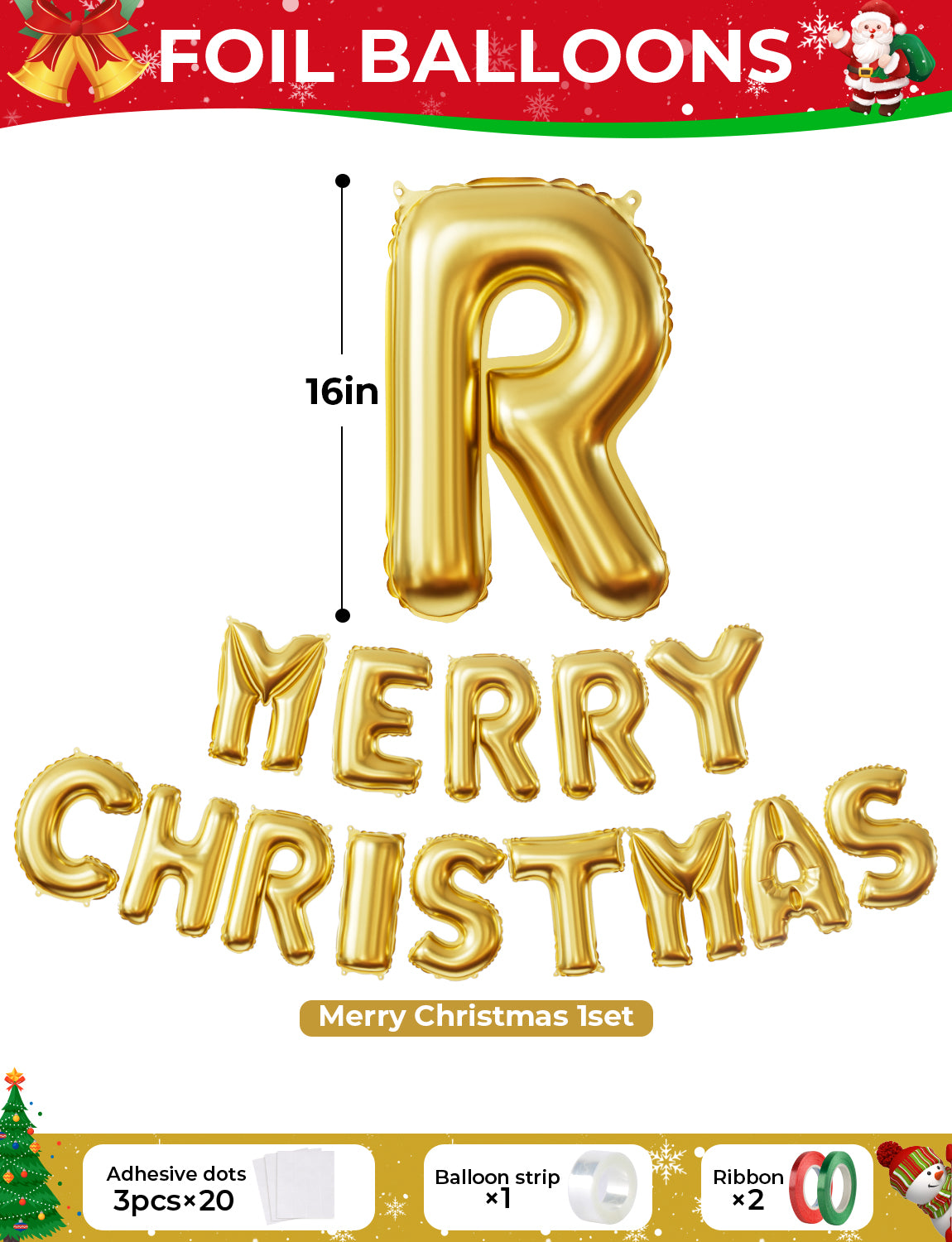 Christmas Balloons Kit - Merry Christmas Balloons with Red and Green Gold Balloon, Big Santa Foil HoHo Personalise Balloon for Garland or Arch, Xmas Party Decorations
