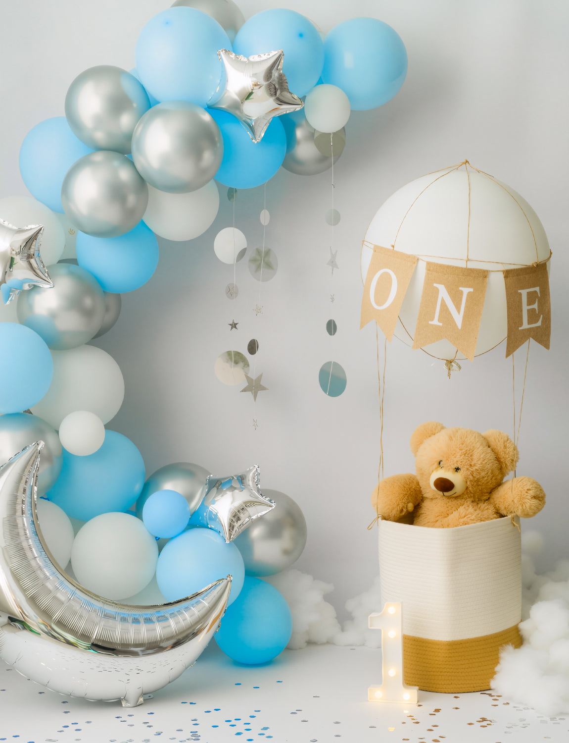 Adeyoo Blue White and Silver Balloons, 58Pcs Silver and White Decorations with String Lights, Light Blue, Confetti Balloon Big Moon Star Foil Balloon for Boys Girls Baby Shower Birthday Party Supplies