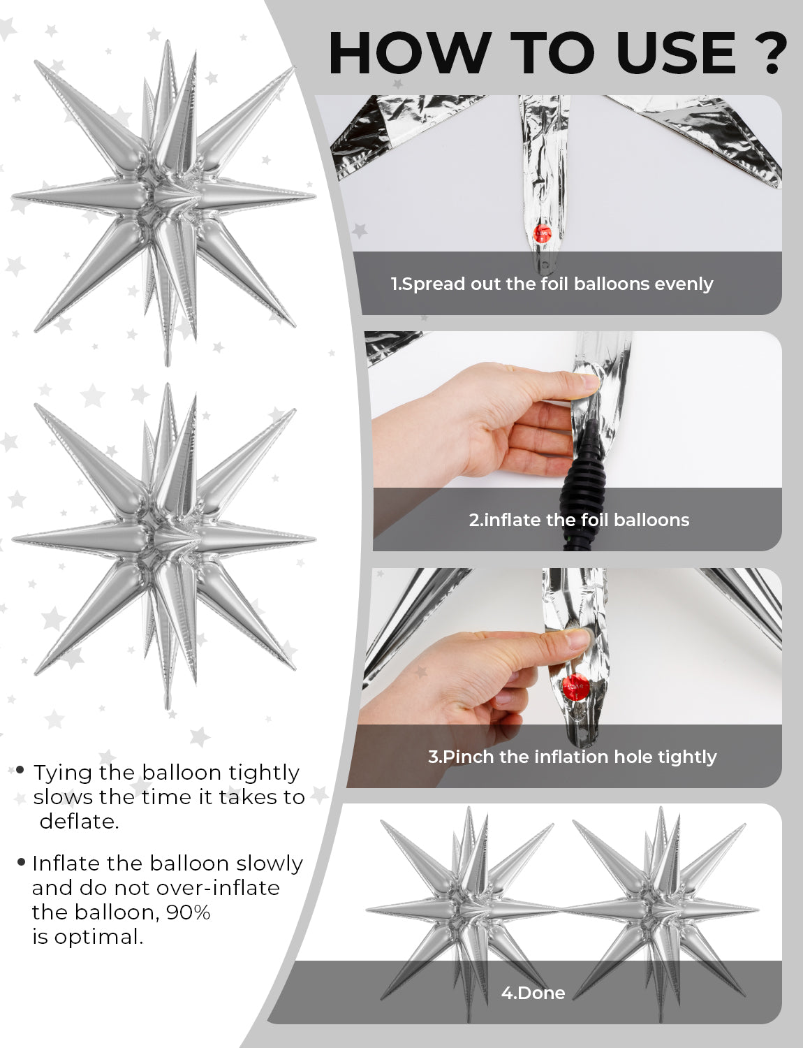 Silver Star Balloons,One-Piece 14-Pointed Starburst Balloons Explosion Star Balloons Huge Spike Balloons Cone Mylar Balloons Foil Balloons for Halloween Christmas New Year Party Decorations
