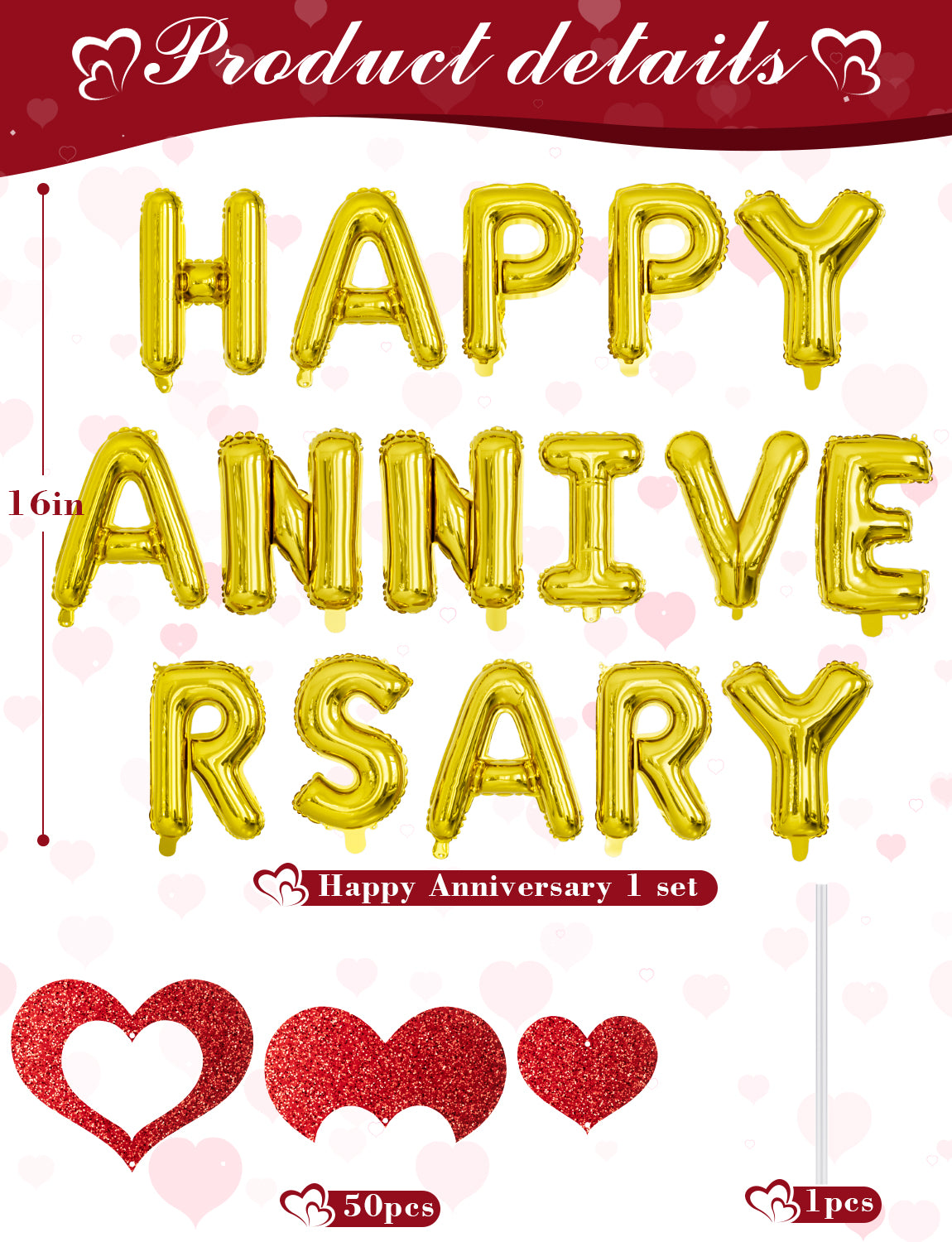 Adeyoo Anniversary Balloons Decorations,Happy Anniversary Banner,Red Heart Shaped Balloons,Large Love Balloons,Rose Petals,Latex Balloons for Romantic Nigh Anniversary Valentines Day Party Supplies
