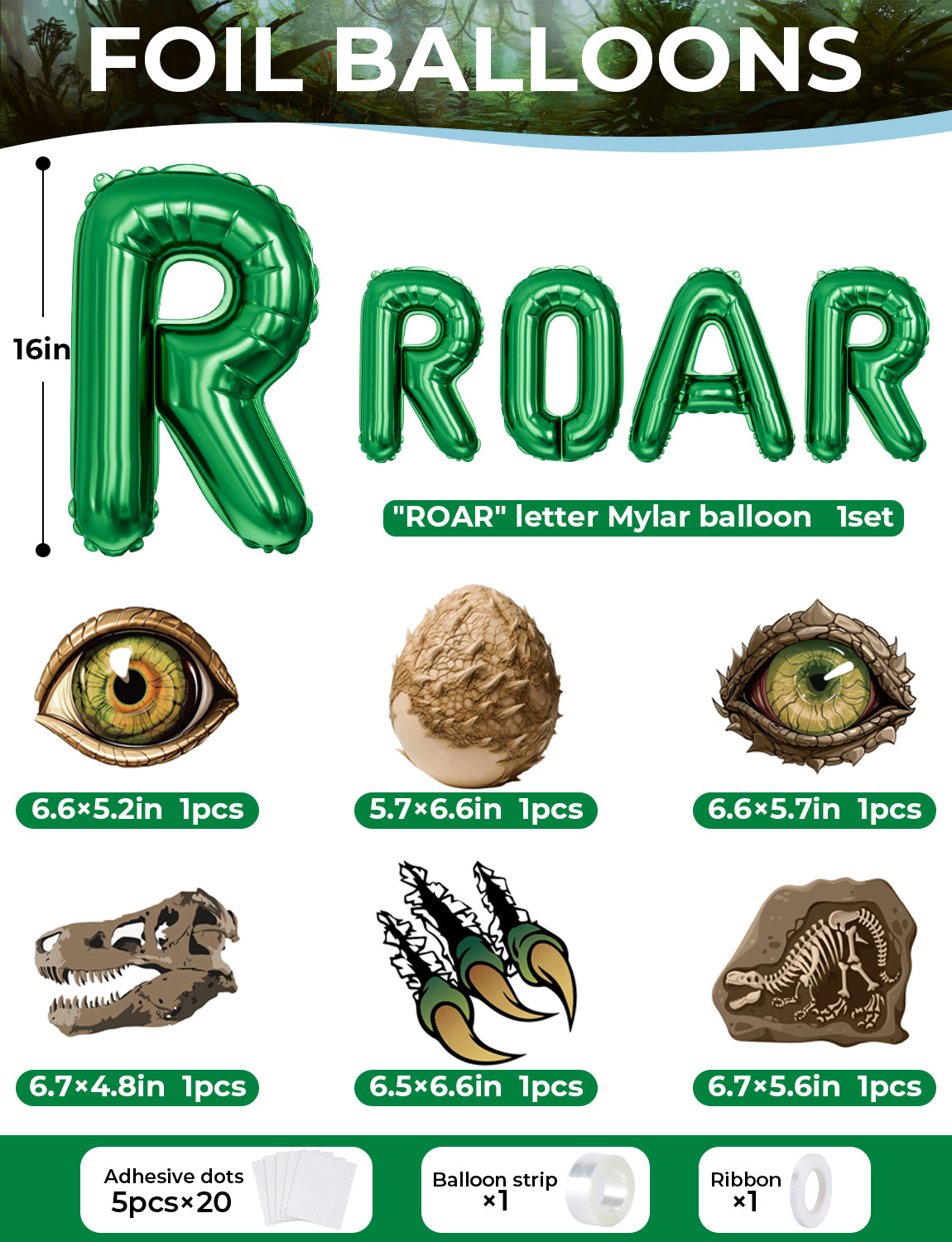 Dinosaur Birthday Party Decorations, 133Pcs Green and Black Balloon Arch Kit with ROAR Foil Balloons and Dinosaur Stickers, Jungle Dinosaur Party Supplies for Boys Birthday Baby Shower