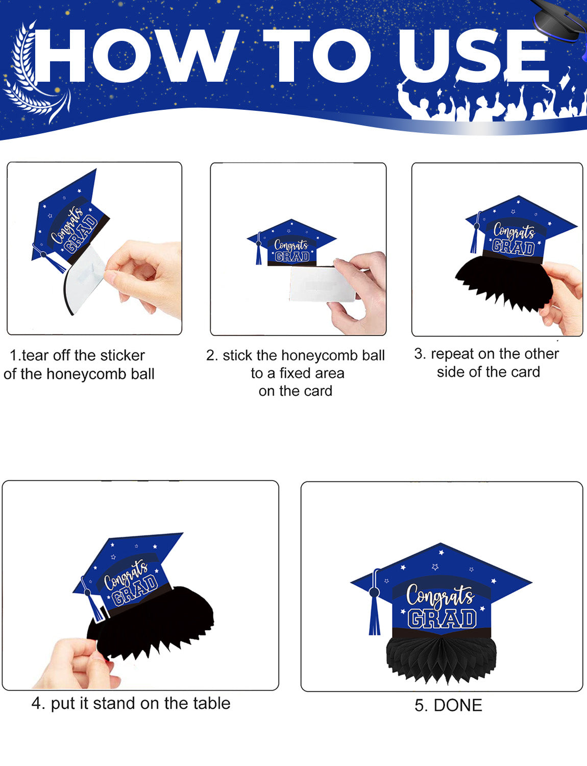 Adeyoo 9Pcs Graduation Table Decorations, Blue and Black Graduation Centerpieces for Tables Congrats Grad Honeycomb Centerpieces Congratulate Table Toppers Grad Party Decorations, Class of 2025 Decor
