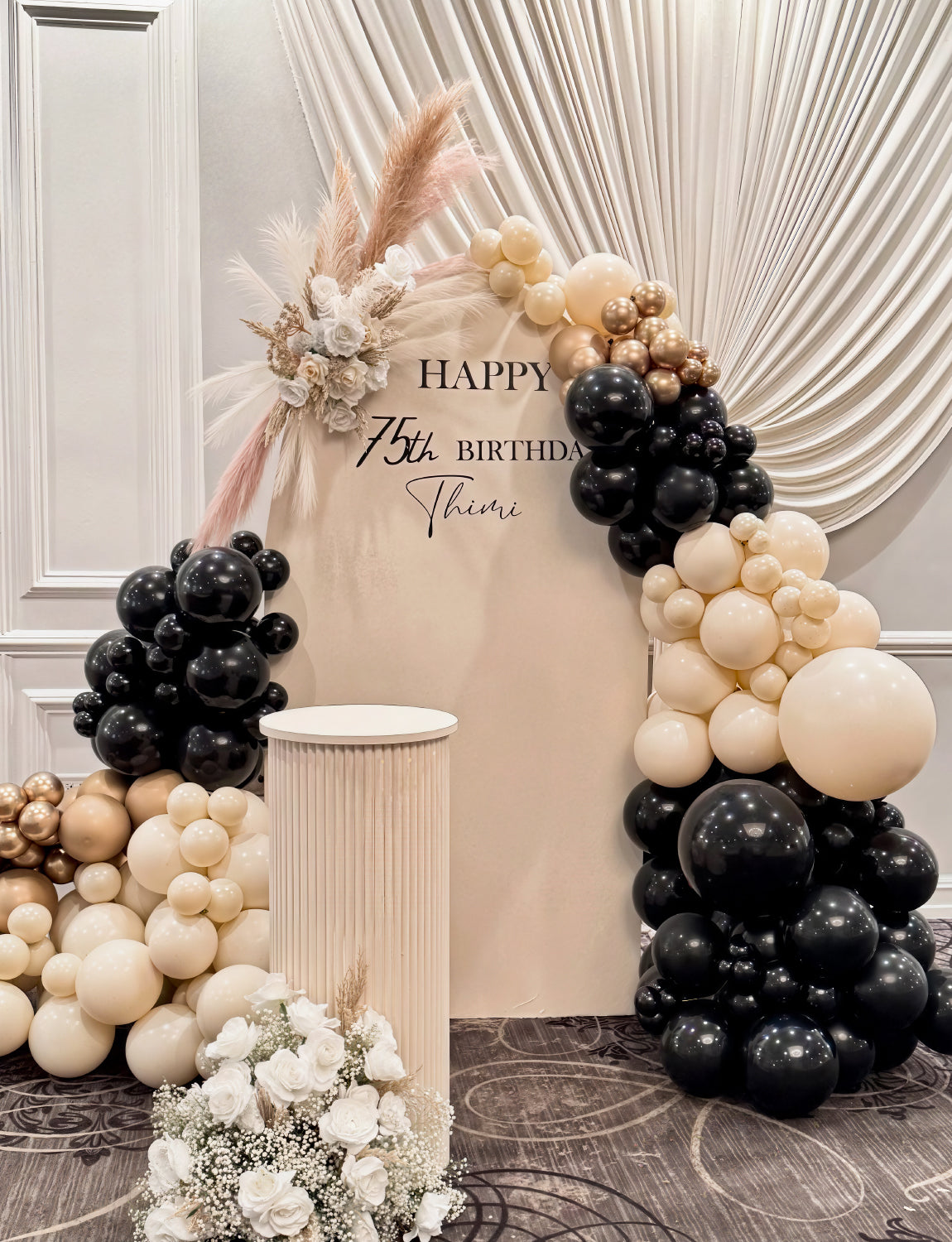 Adeyoo Black Gold White Balloon Arch Kit Garland - 125 Pcs Black and Gold Balloon Arch with Star Balloons Metallic Champagne White Balloons for Birthday Wedding Baby Showers Boho Party Decorations
