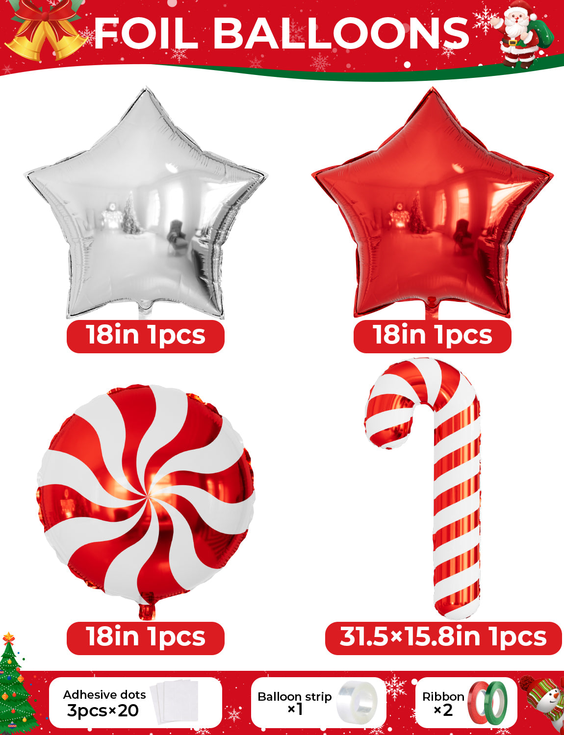 Adeyoo Christmas Balloons Arch Kit Garland - Red and White Balloons with Star Candy Cane Balloon, Merry Christmas Banner, Xmas Balloon for Xmas Party Decorations