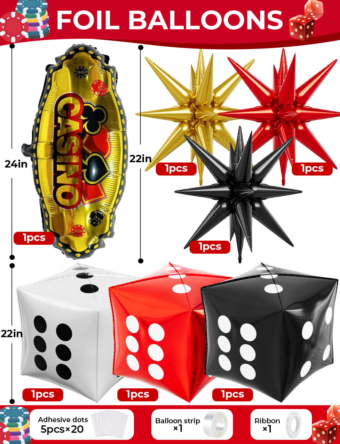 Adeyoo Casino Balloon Arch Garland Kit,149Pcs Casino Balloons Set Red Black and Gold Balloons with Dice, Starburst Foil Balloons for Casino Birthday Las Vegas Game Night Poker Theme Party Decorations