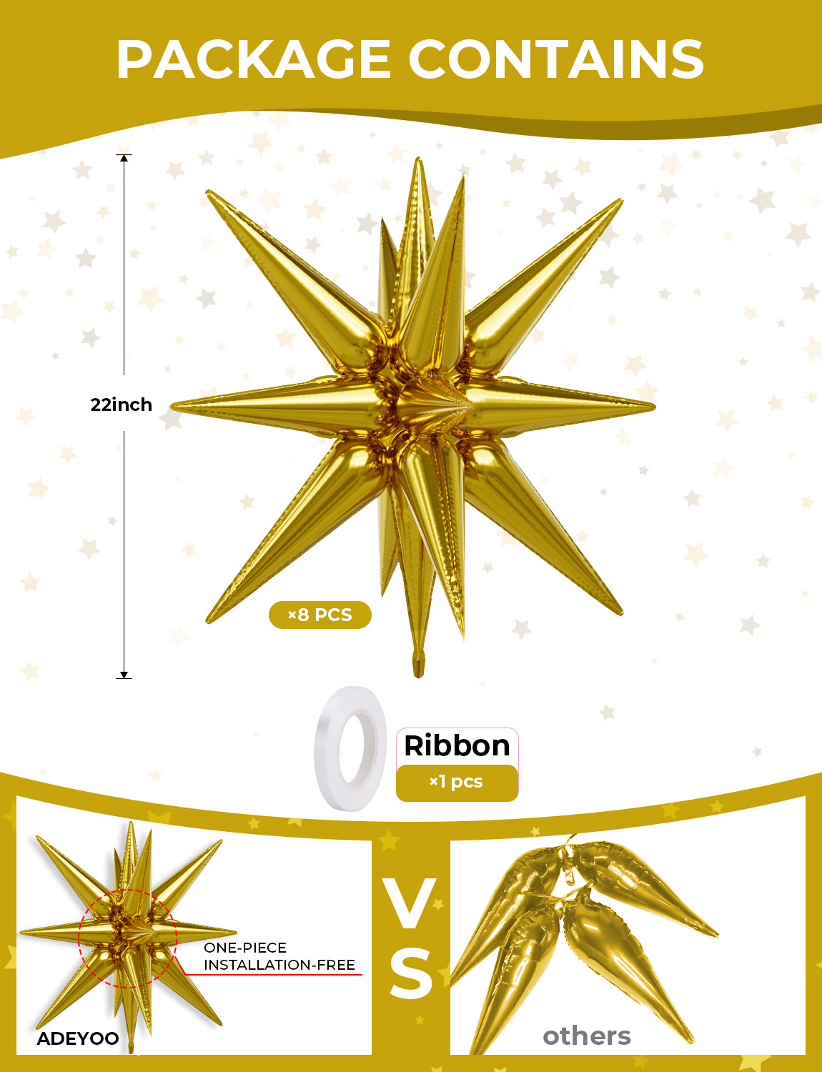 Gold Star Balloons,One-Piece 14-Pointed Explosion Star Balloons Huge Starburst Balloons Magic Foil Cone Balloons Mylar Spike Balloons for Halloween Christmas Wedding Birthday Party Decorations