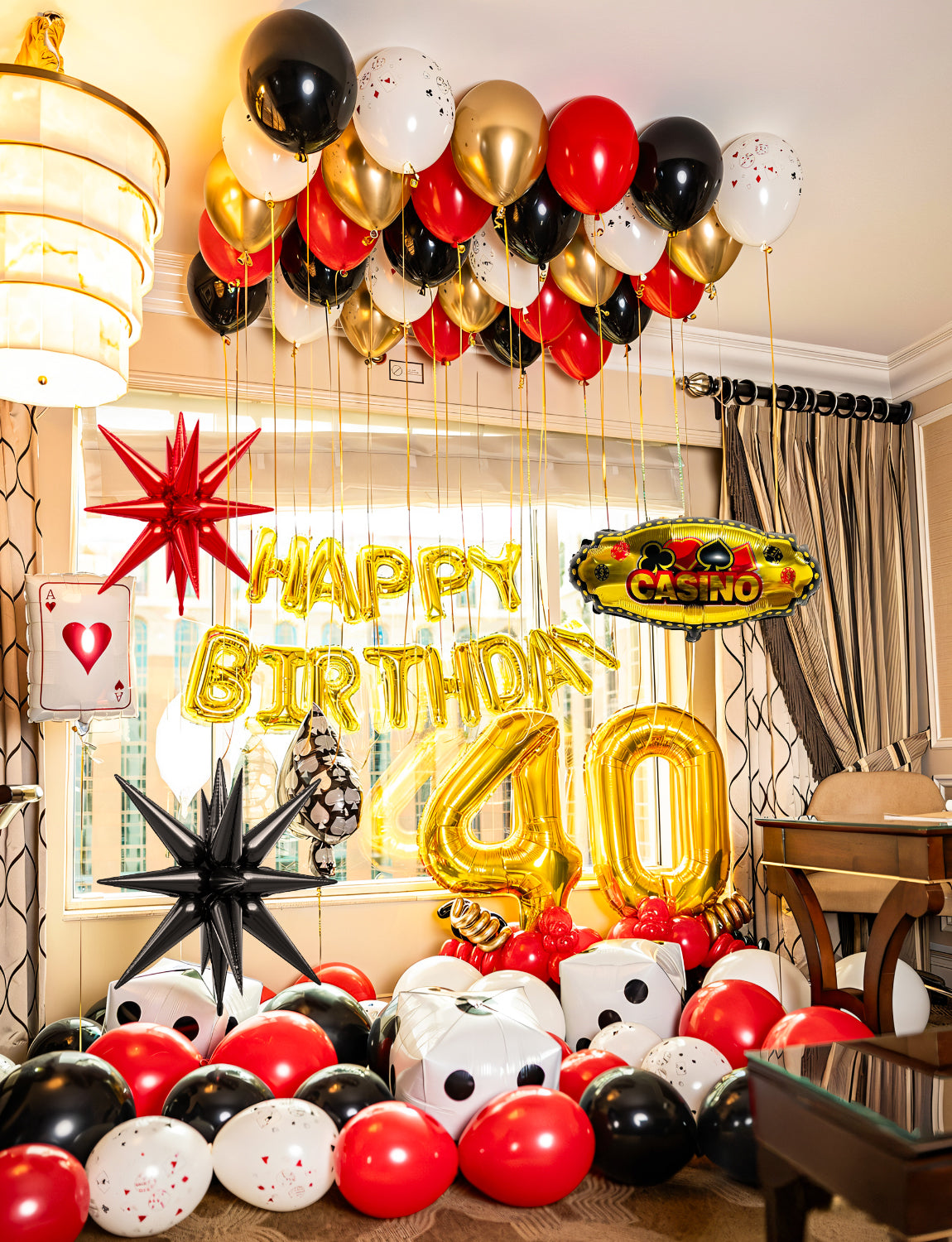 Adeyoo Casino Balloon Arch Garland Kit,149Pcs Casino Balloons Set Red Black and Gold Balloons with Dice, Starburst Foil Balloons for Casino Birthday Las Vegas Game Night Poker Theme Party Decorations