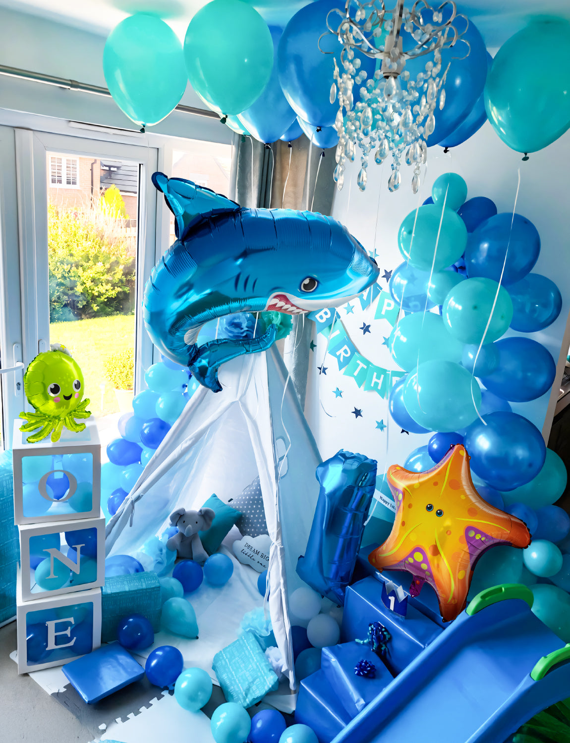 Adeyoo Under The Sea Balloon Arch Garland Kit, 154Pcs Ocean Themed Party Decorations with Blue Balloons, Marine Animals Foil Balloons for Ocean Theme Birthday Baby Shower Wedding Party Supplies