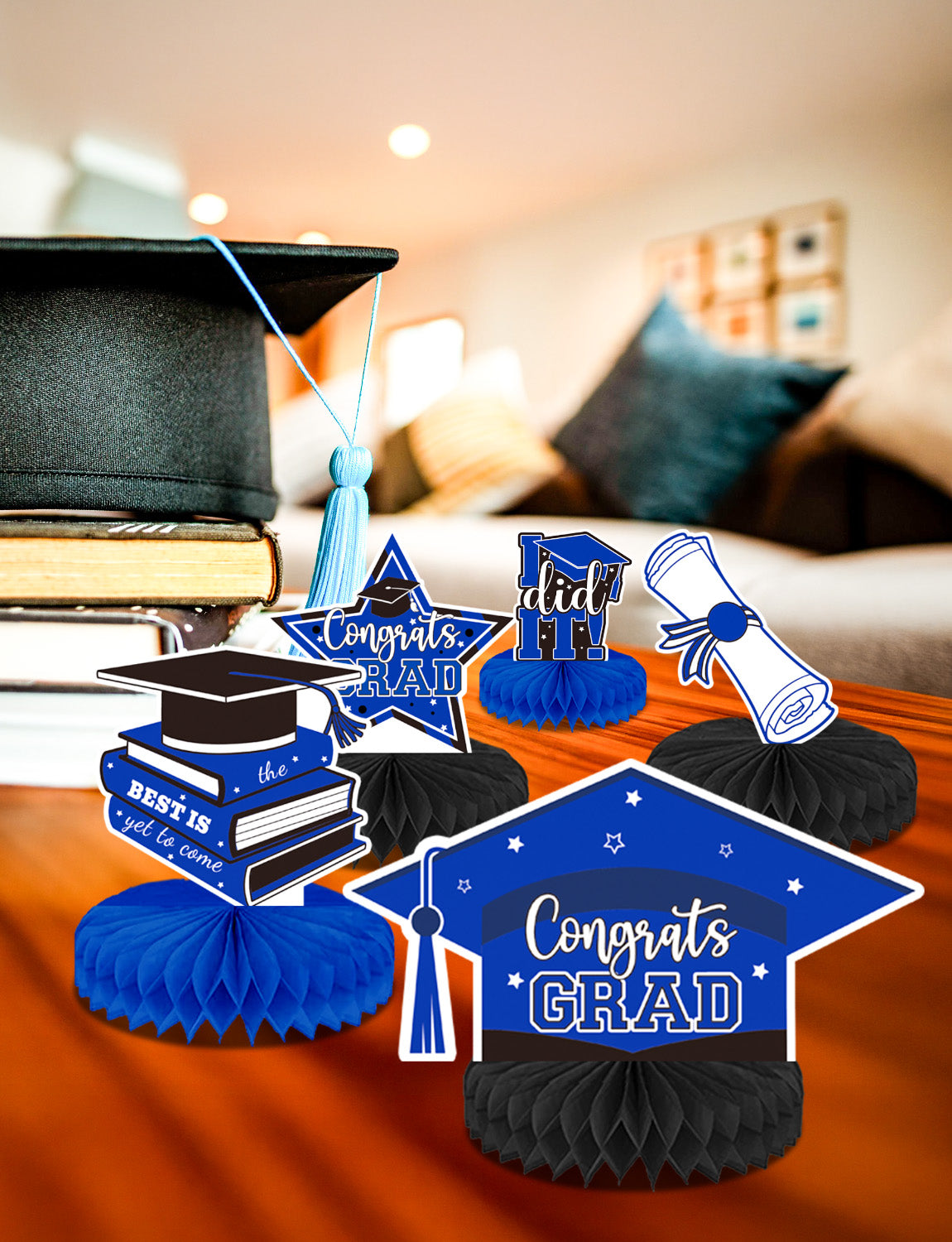 Adeyoo 9Pcs Graduation Table Decorations, Blue and Black Graduation Centerpieces for Tables Congrats Grad Honeycomb Centerpieces Congratulate Table Toppers Grad Party Decorations, Class of 2025 Decor