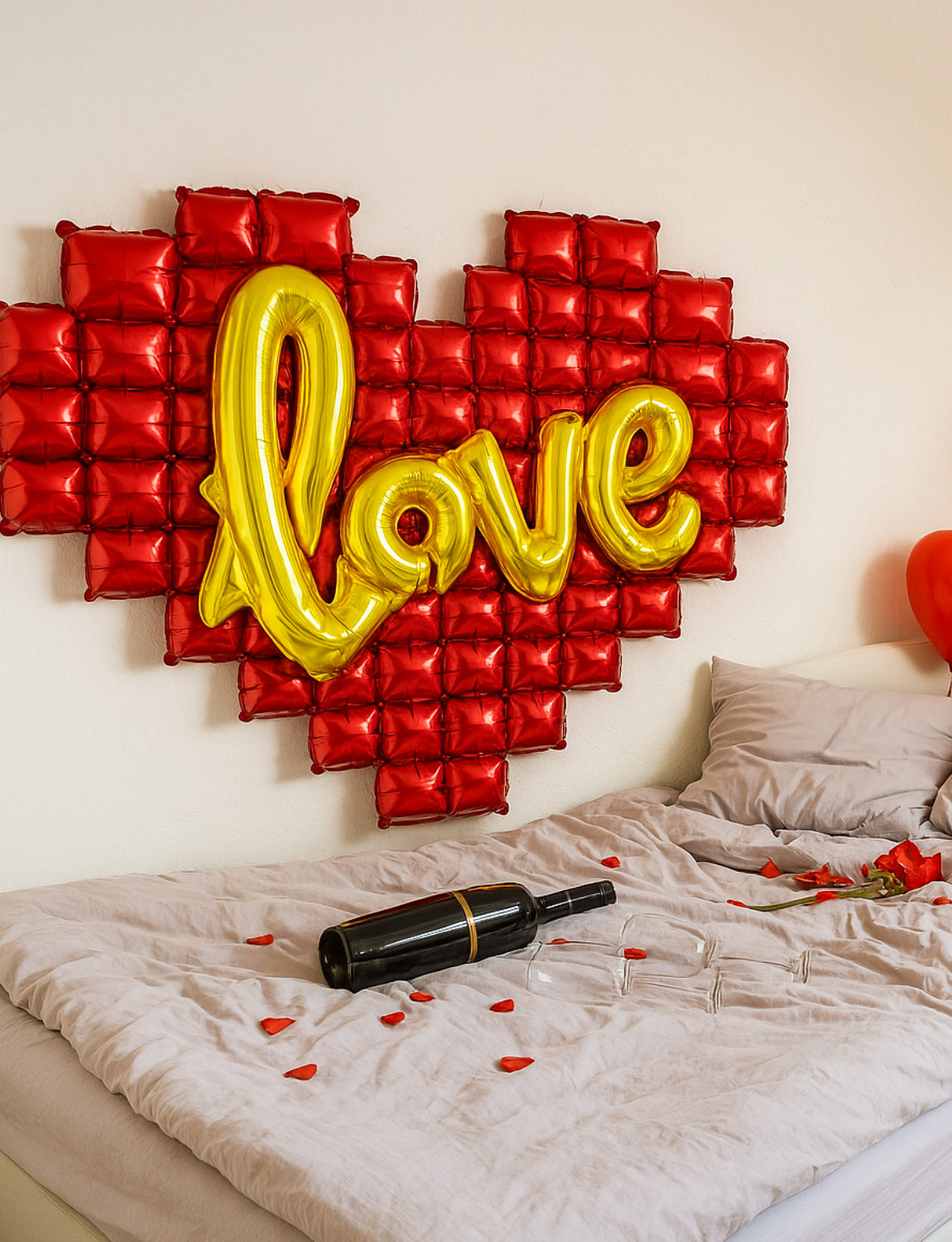 Heart Balloons and Love Balloons, 55 Inch Foil Balloon Set with Gold Love Banner, Red Heart Shaped Balloon for Wedding Anniversary Romantic Decorations Special Night Party Supplies