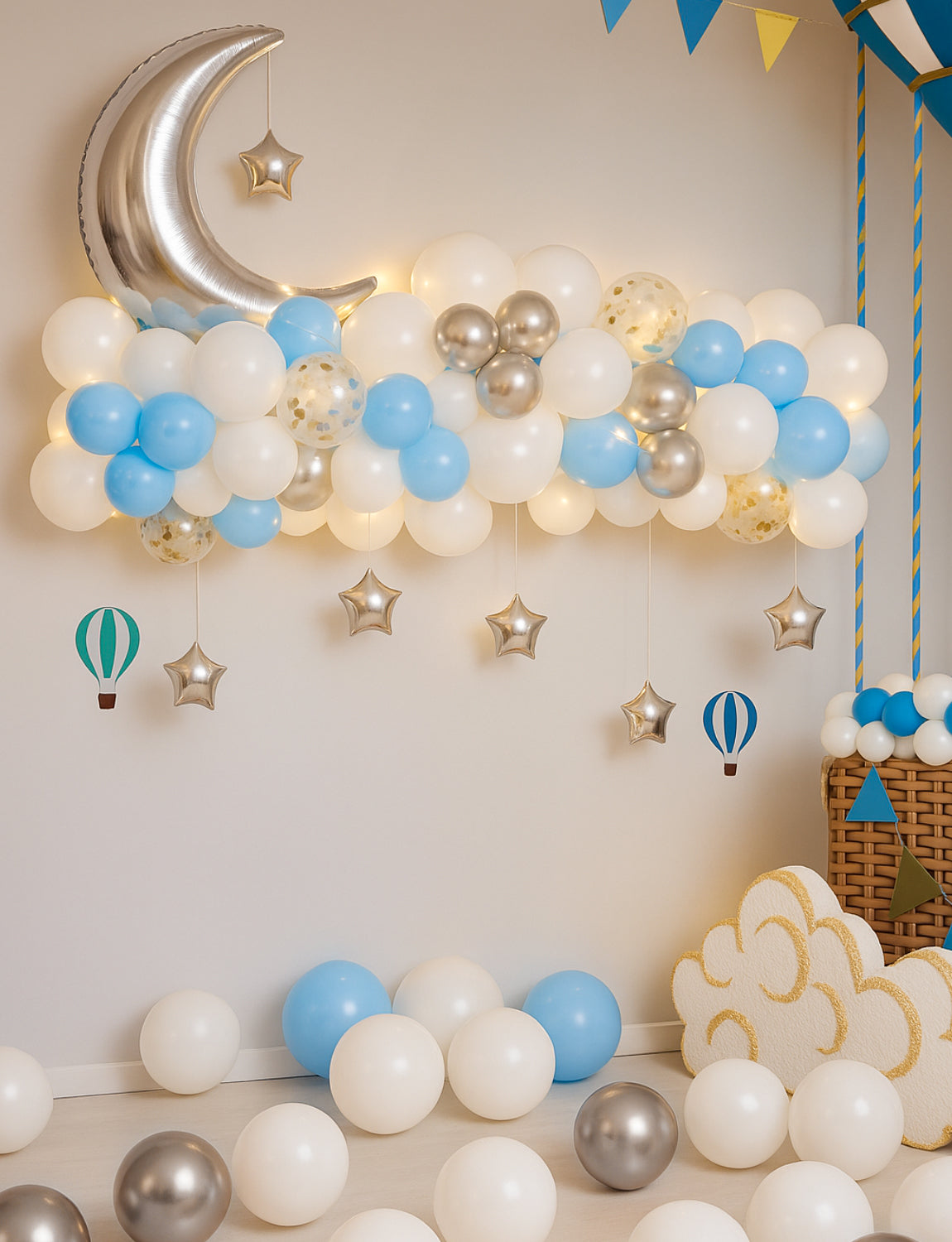 Adeyoo Blue White and Silver Balloons, 58Pcs Silver and White Decorations with String Lights, Light Blue, Confetti Balloon Big Moon Star Foil Balloon for Boys Girls Baby Shower Birthday Party Supplies