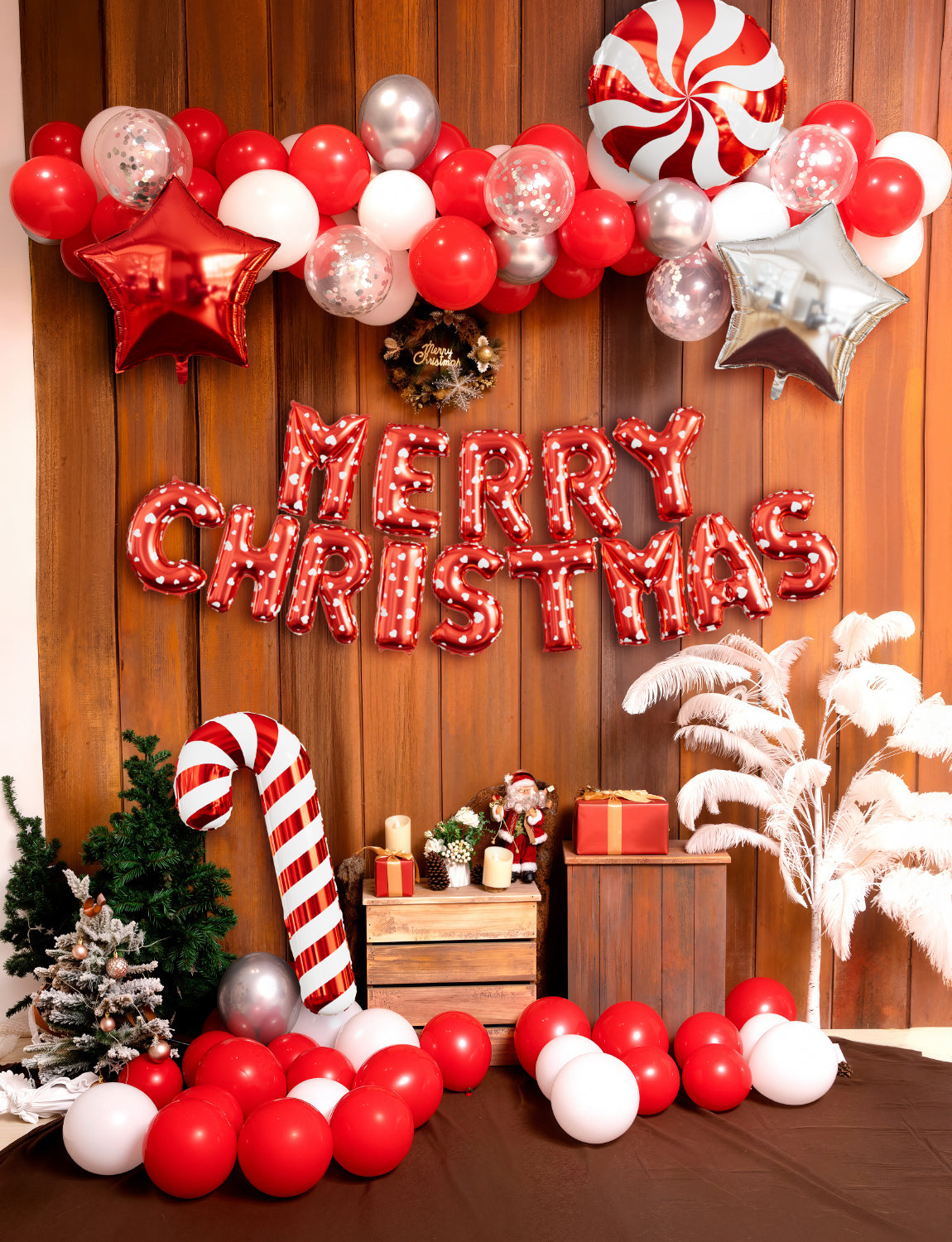 Adeyoo Christmas Balloons Arch Kit Garland - Red and White Balloons with Star Candy Cane Balloon, Merry Christmas Banner, Xmas Balloon for Xmas Party Decorations